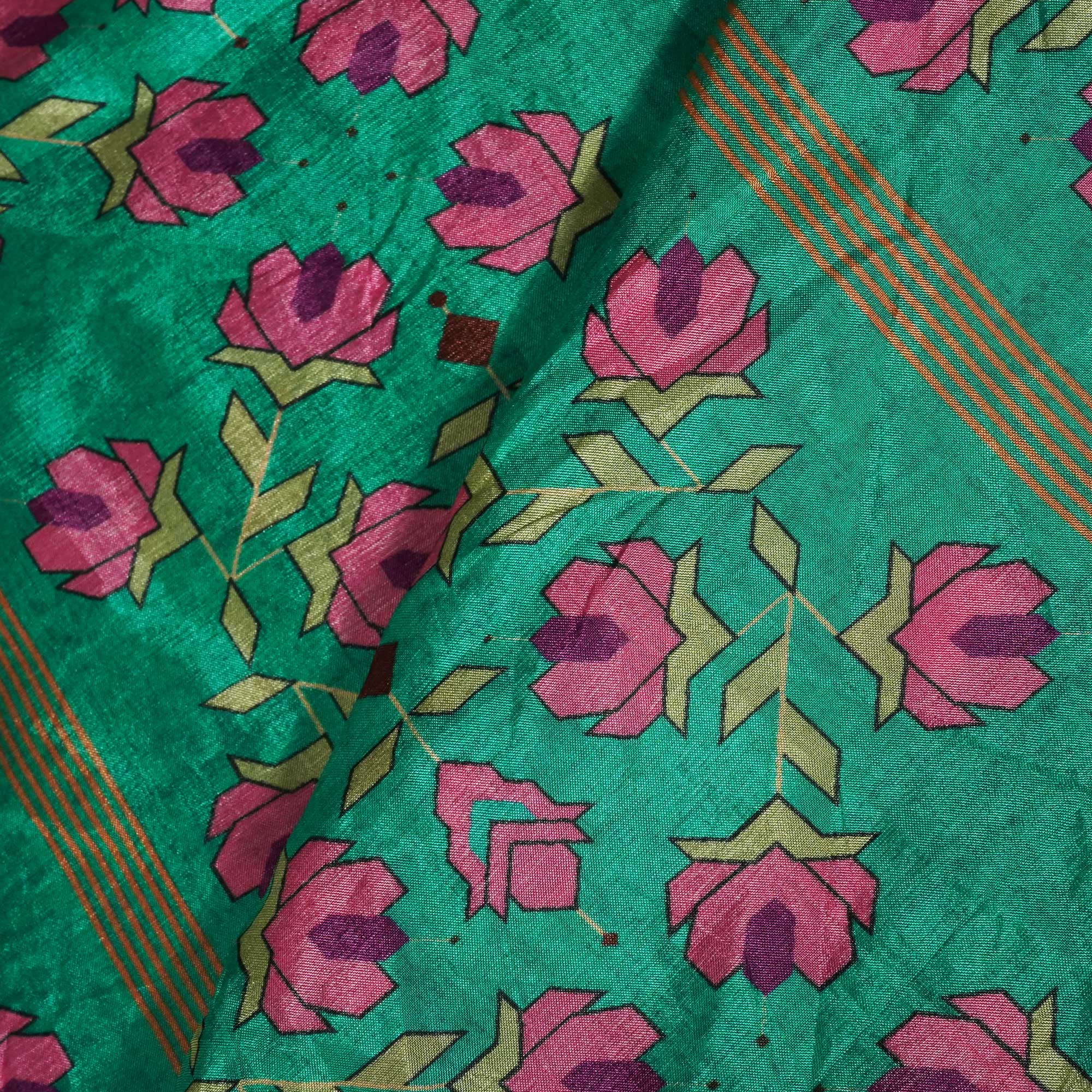 See Green Geometrical Print Upada Silk Fabric 2555 MTF-21072