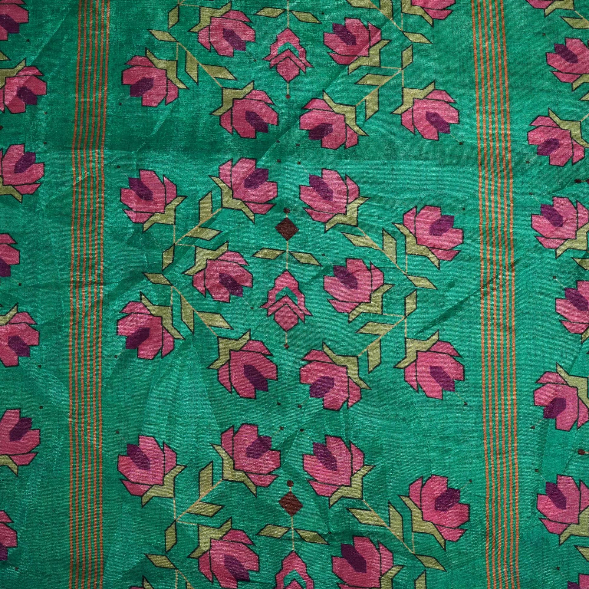 See Green Geometrical Print Upada Silk Fabric 2555 MTF-21072