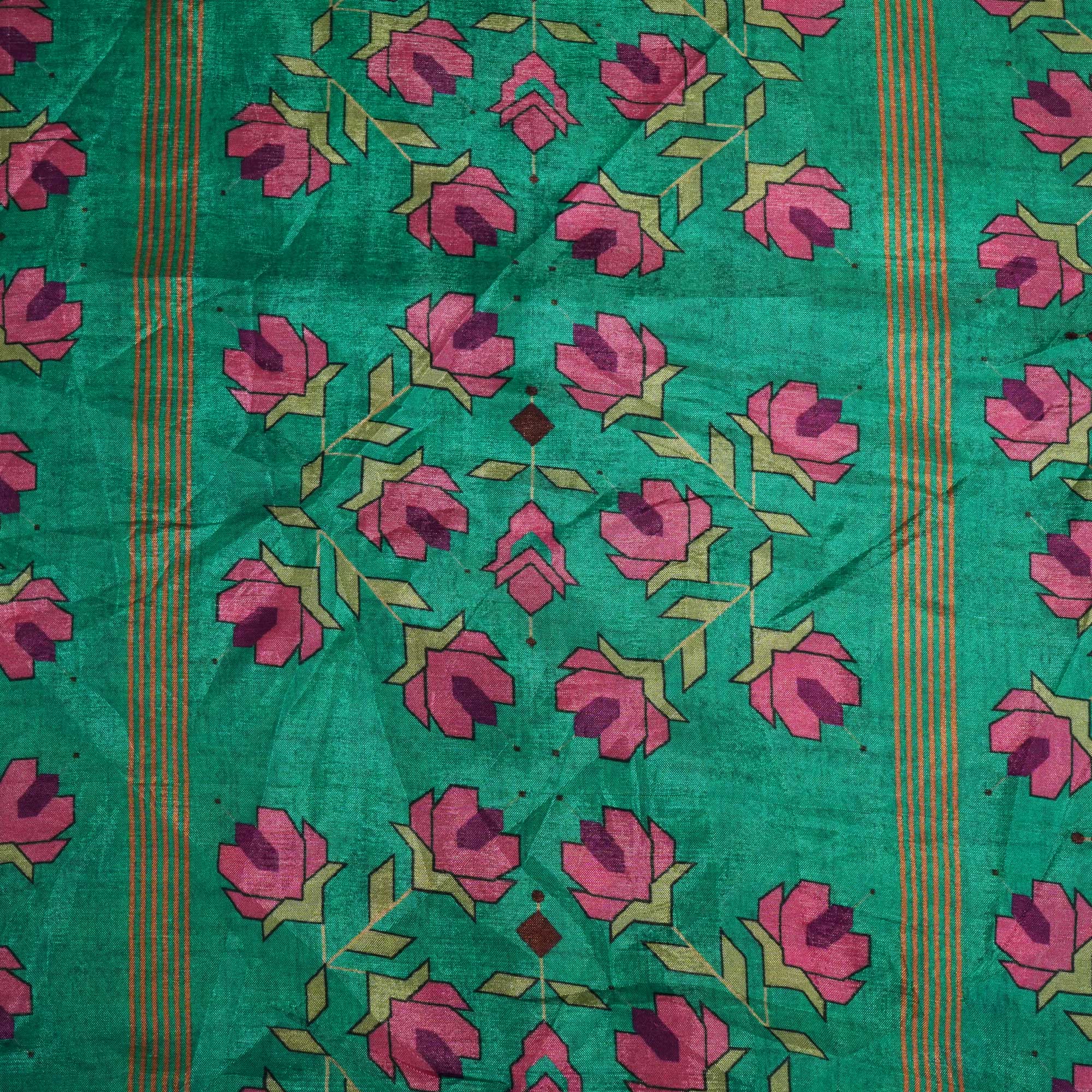 See Green Geometrical Print Upada Silk Fabric 2555 MTF-21072
