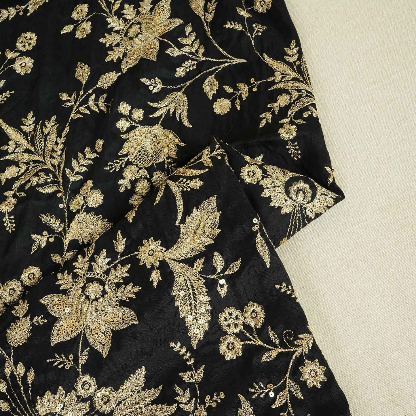 Black Sabyasachi Zari Embroidery Raw Silk Fabric DR-28211