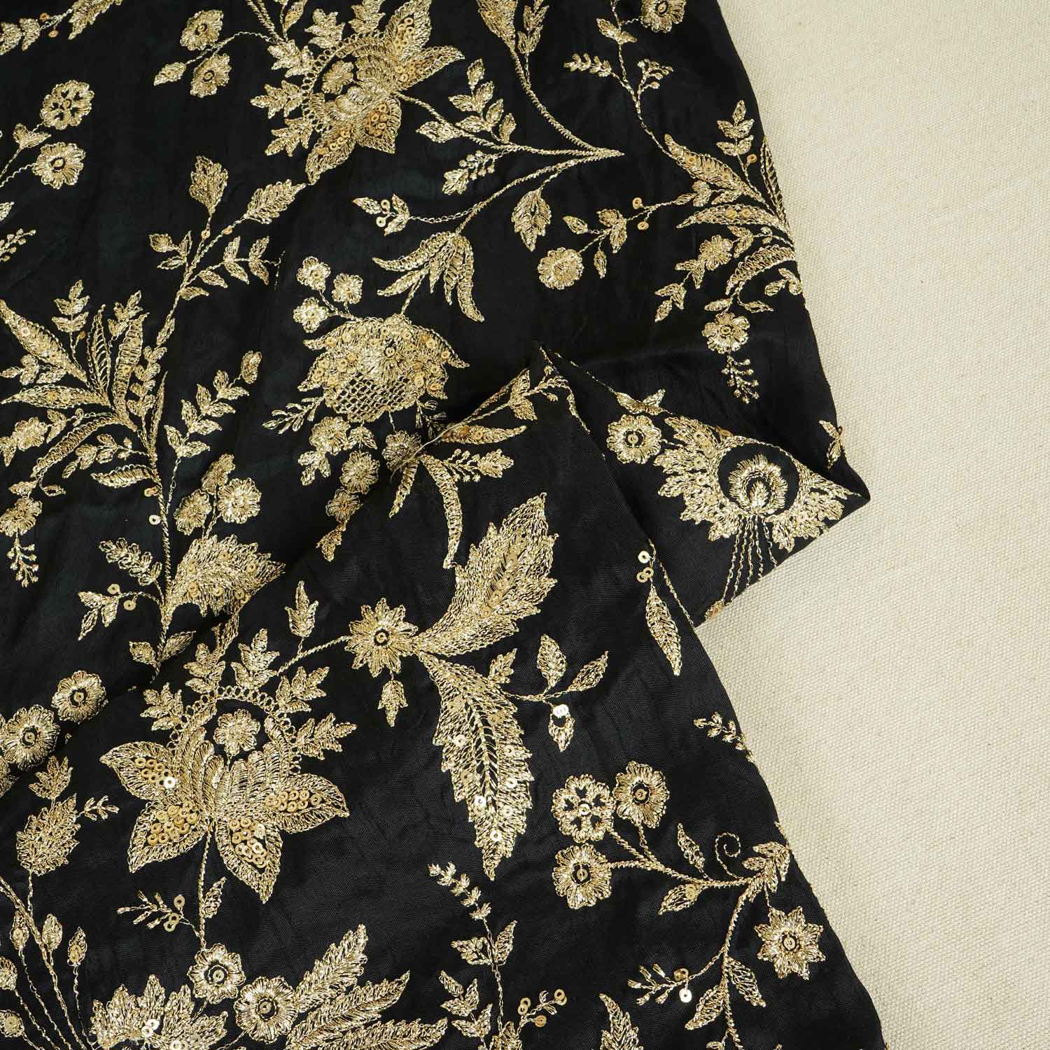 Black Sabyasachi Zari Embroidery Raw Silk Fabric DR-28211 - TradeUNO