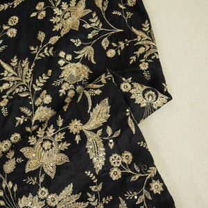Black Sabyasachi Zari Embroidery Raw Silk Fabric DR-28211 - TradeUNO