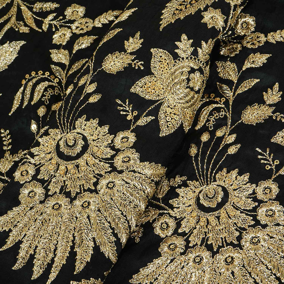 Black Sabyasachi Zari Embroidery Raw Silk Fabric DR-28211 - TradeUNO