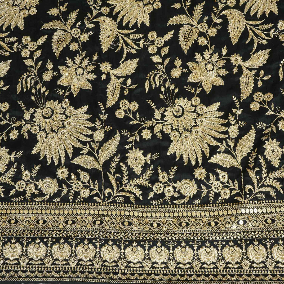 Black Sabyasachi Zari Embroidery Raw Silk Fabric DR-28211 - TradeUNO
