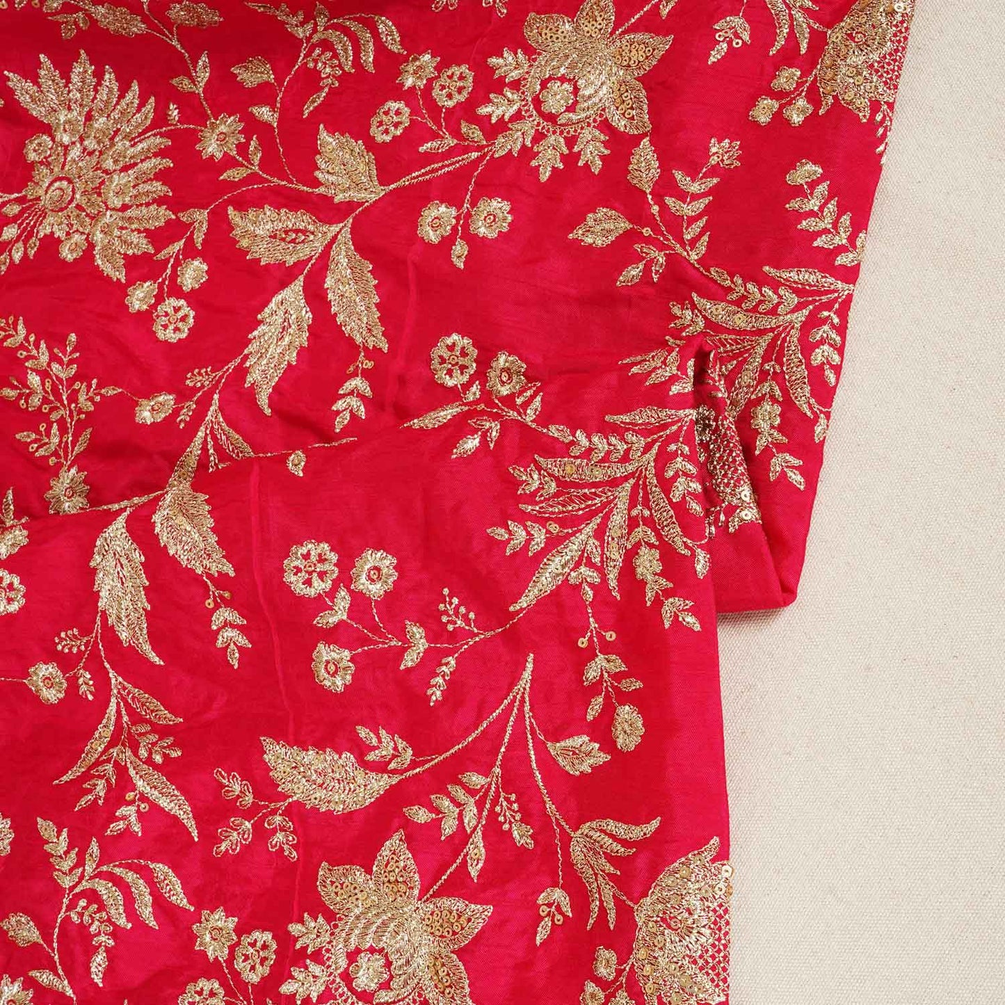Hot Pink Sabyasachi Zari Embroidery Raw Silk Fabric DR-28212