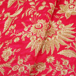Hot Pink Sabyasachi Zari Embroidery Raw Silk Fabric DR-28212 - TradeUNO