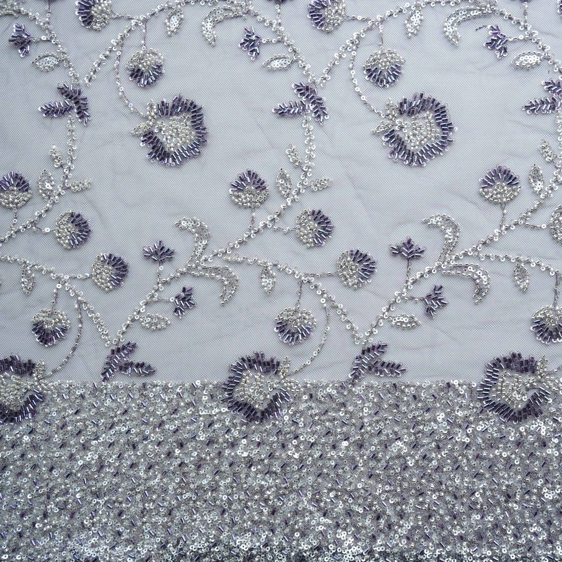 Purple Cutdana Sequins Embroidery Net Fabric