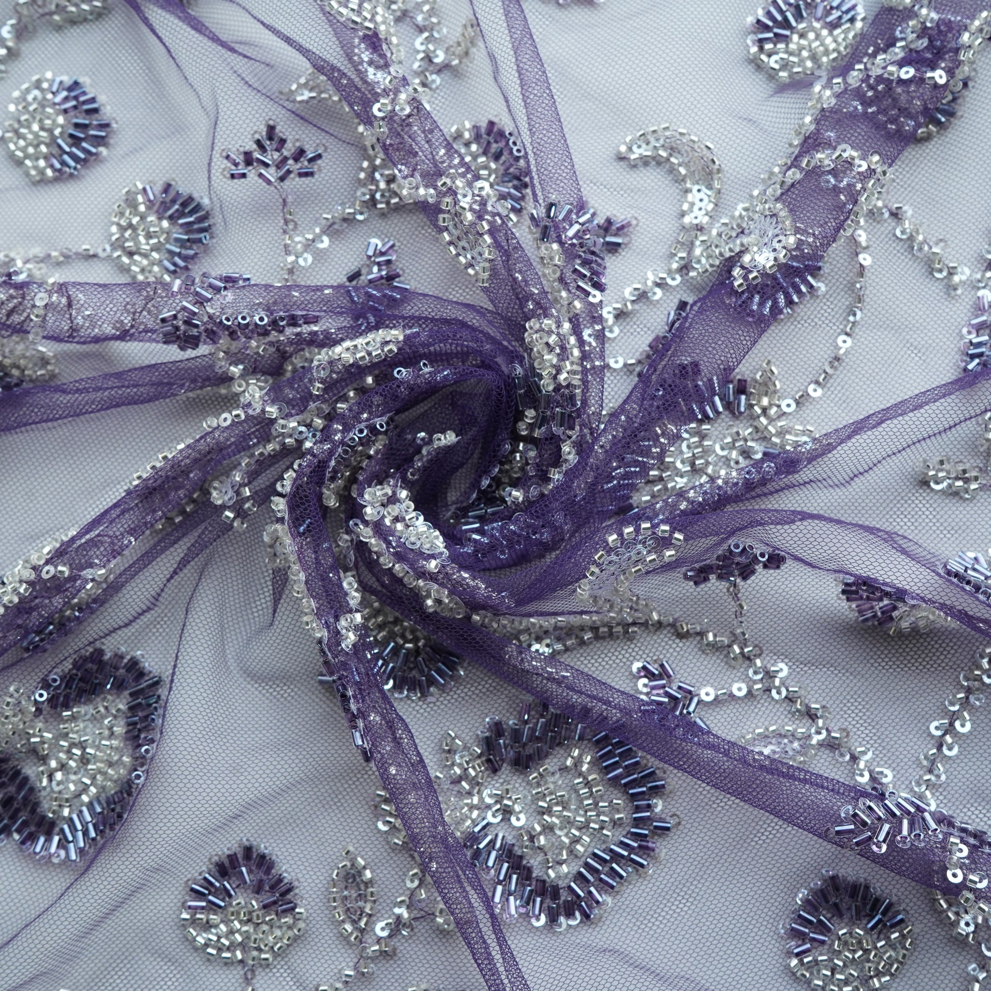Purple Cutdana Sequins Embroidery Net Fabric