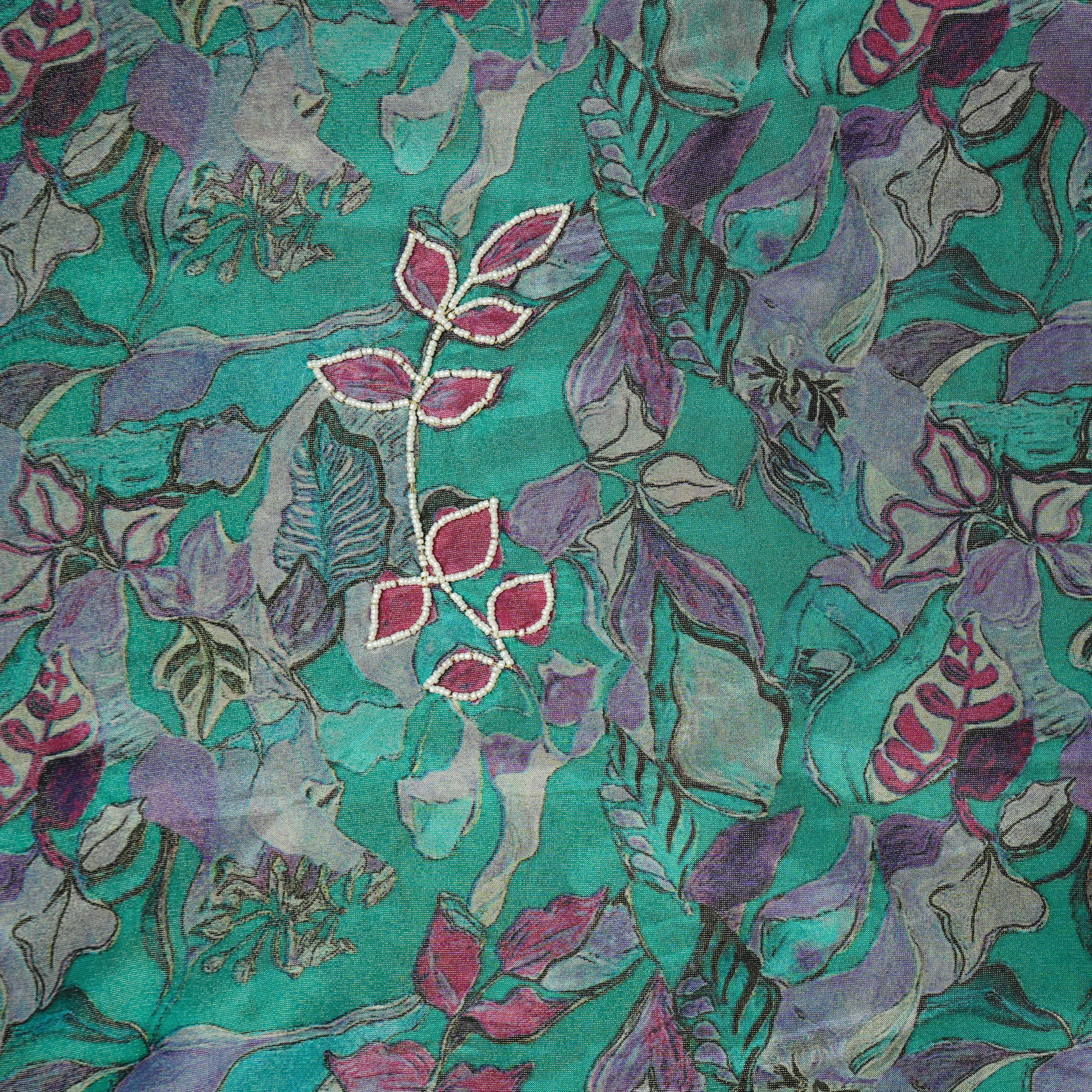 Sky Blue Cutdana & Pearl Floral Print Pure Tissue Fabric 21272