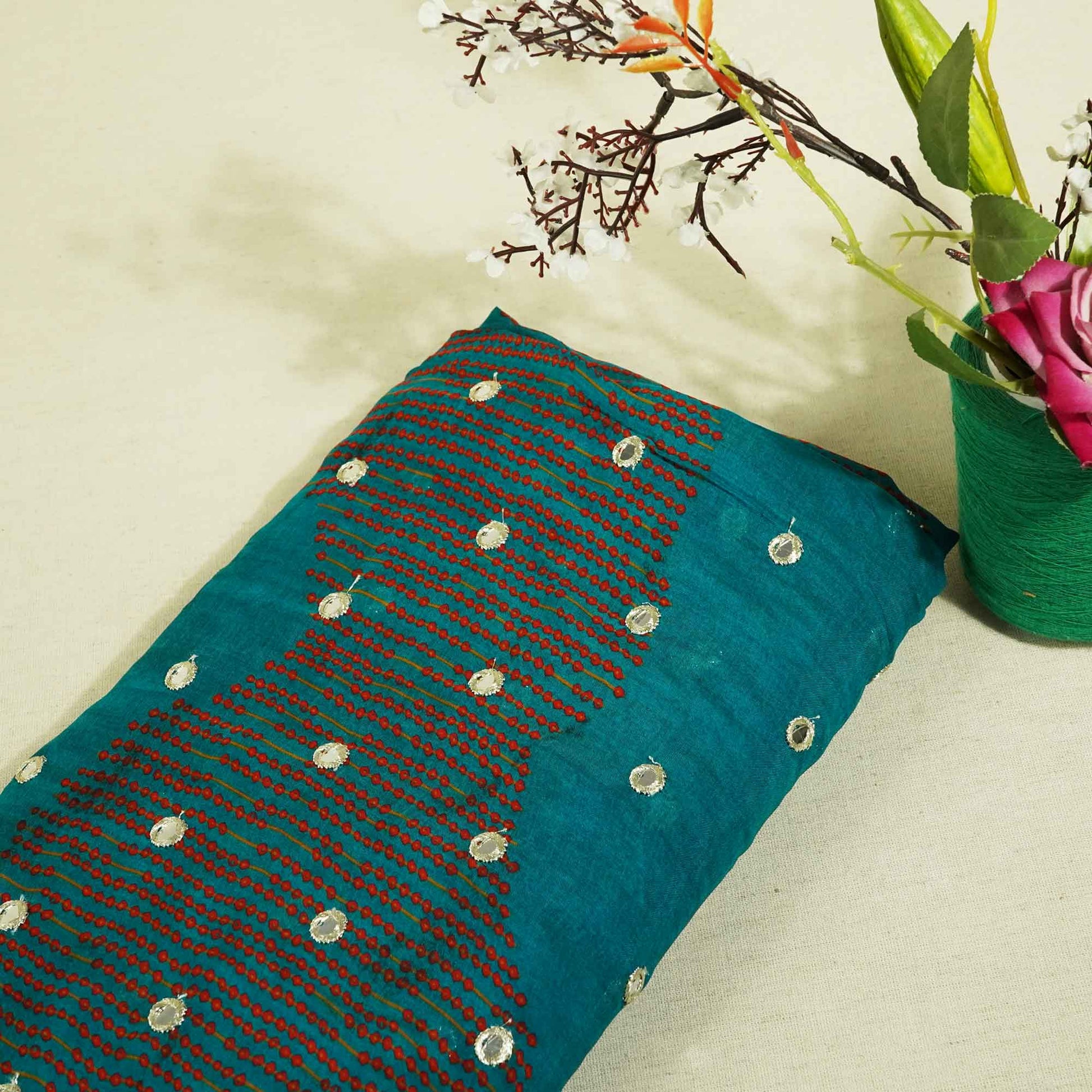 Teal Blue Floral Print Mirror Embroidery Organza Fabric 3001 MTF-21290