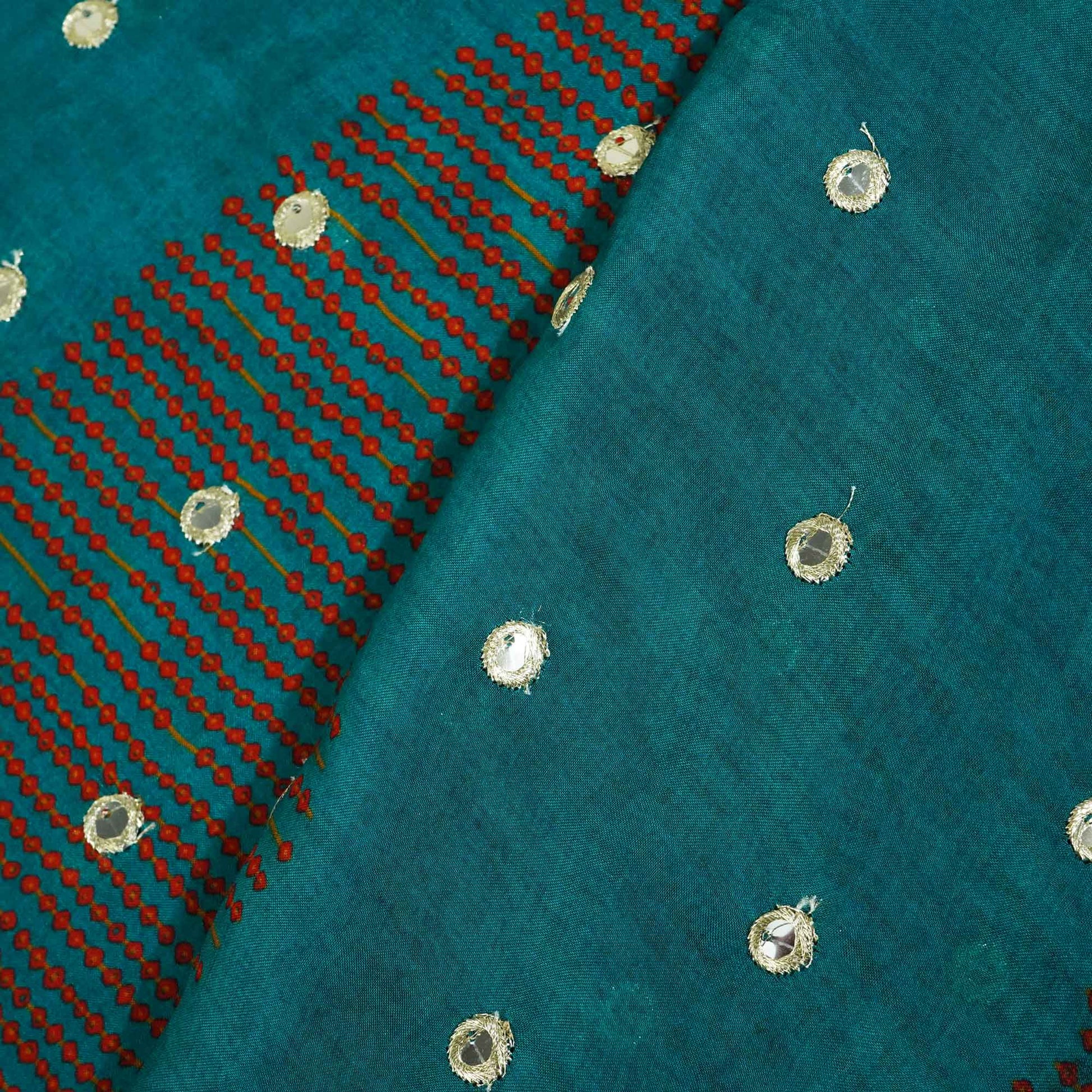 Teal Blue Floral Print Mirror Embroidery Organza Fabric 3001 MTF-21290