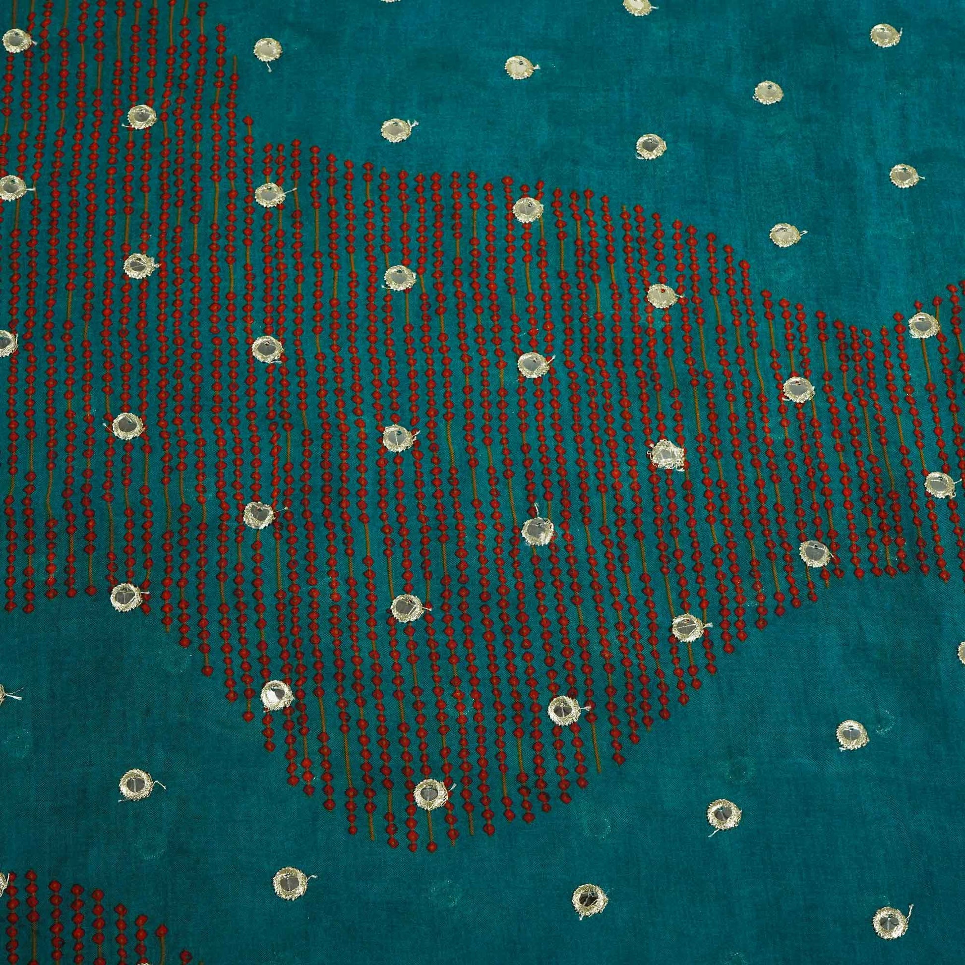 Teal Blue Floral Print Mirror Embroidery Organza Fabric 3001 MTF-21290