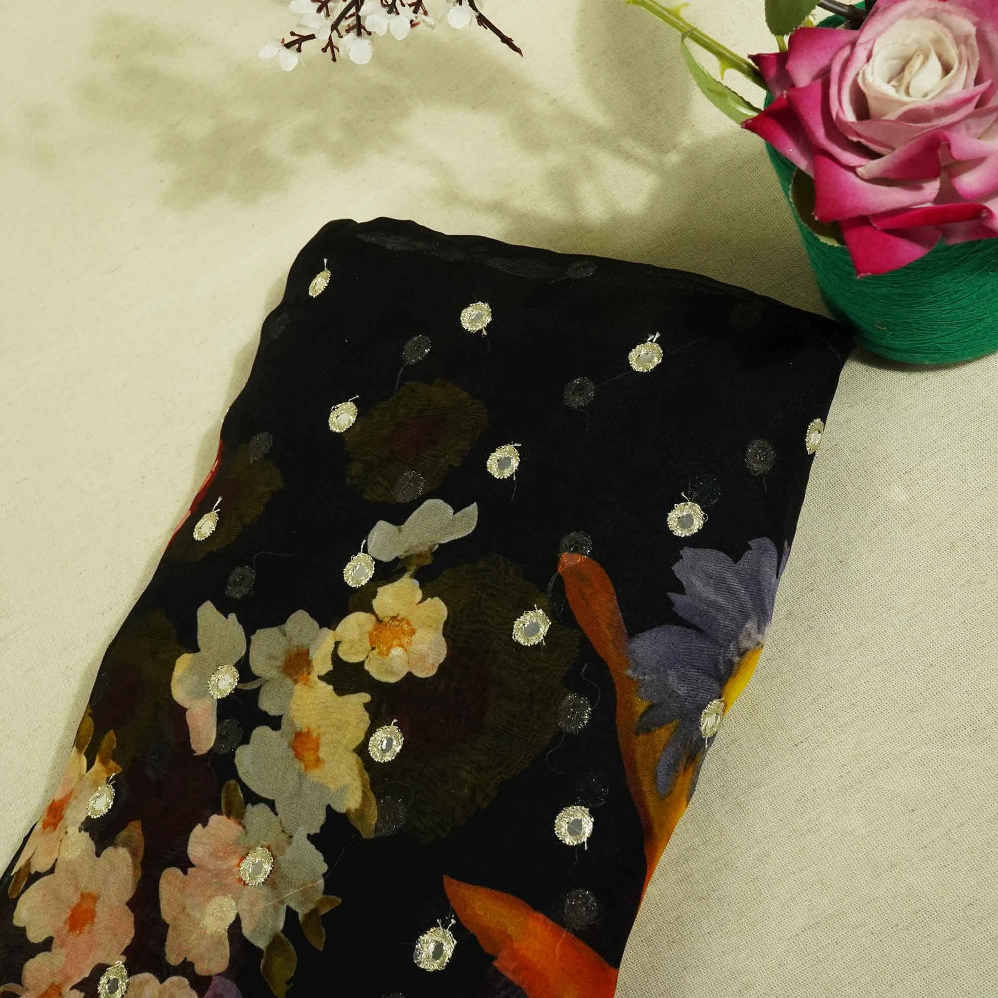 Black Floral Print Mirror Embroidery Organza Fabric 3001 MTF-21294
