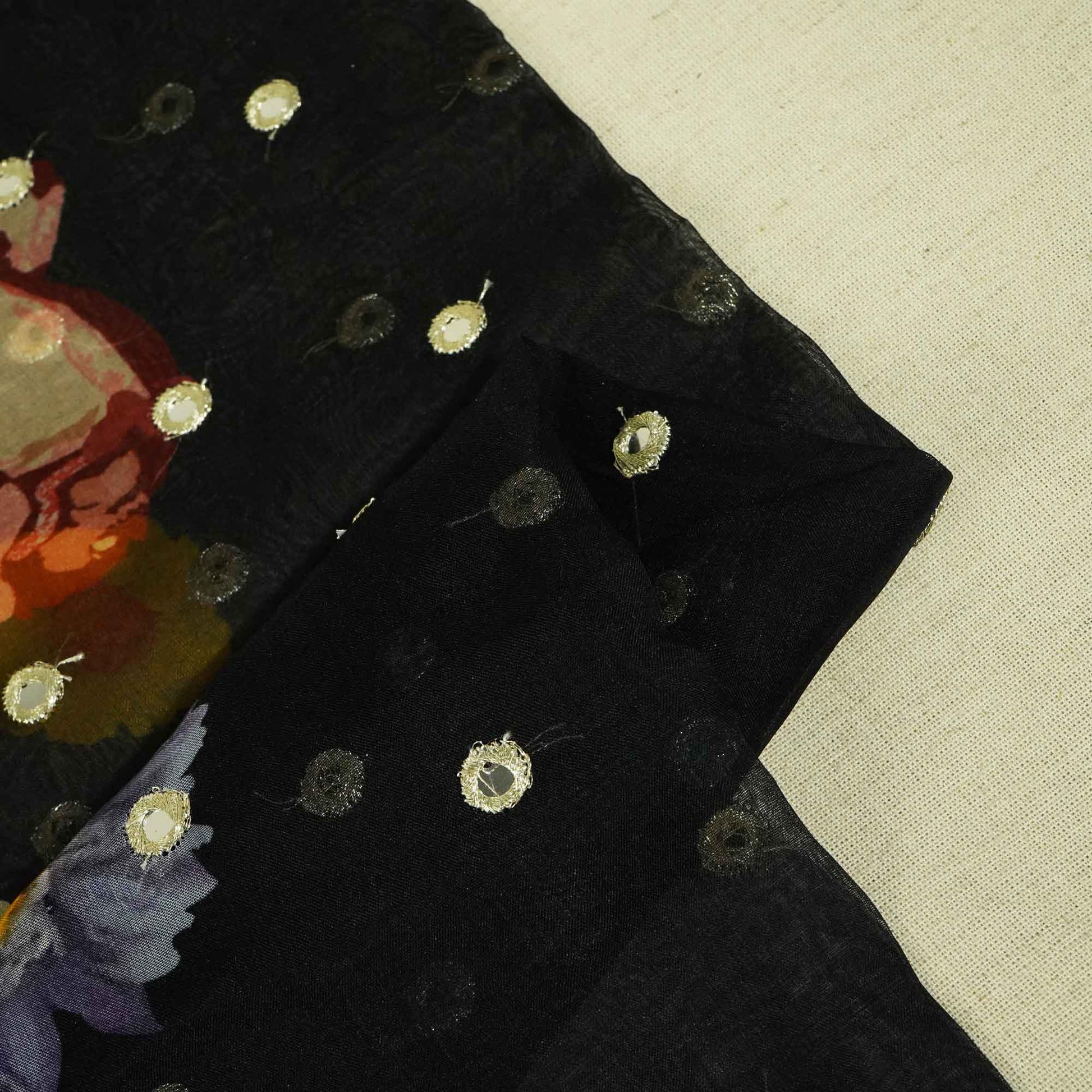 Black Floral Print Mirror Embroidery Organza Fabric 3001 MTF-21294