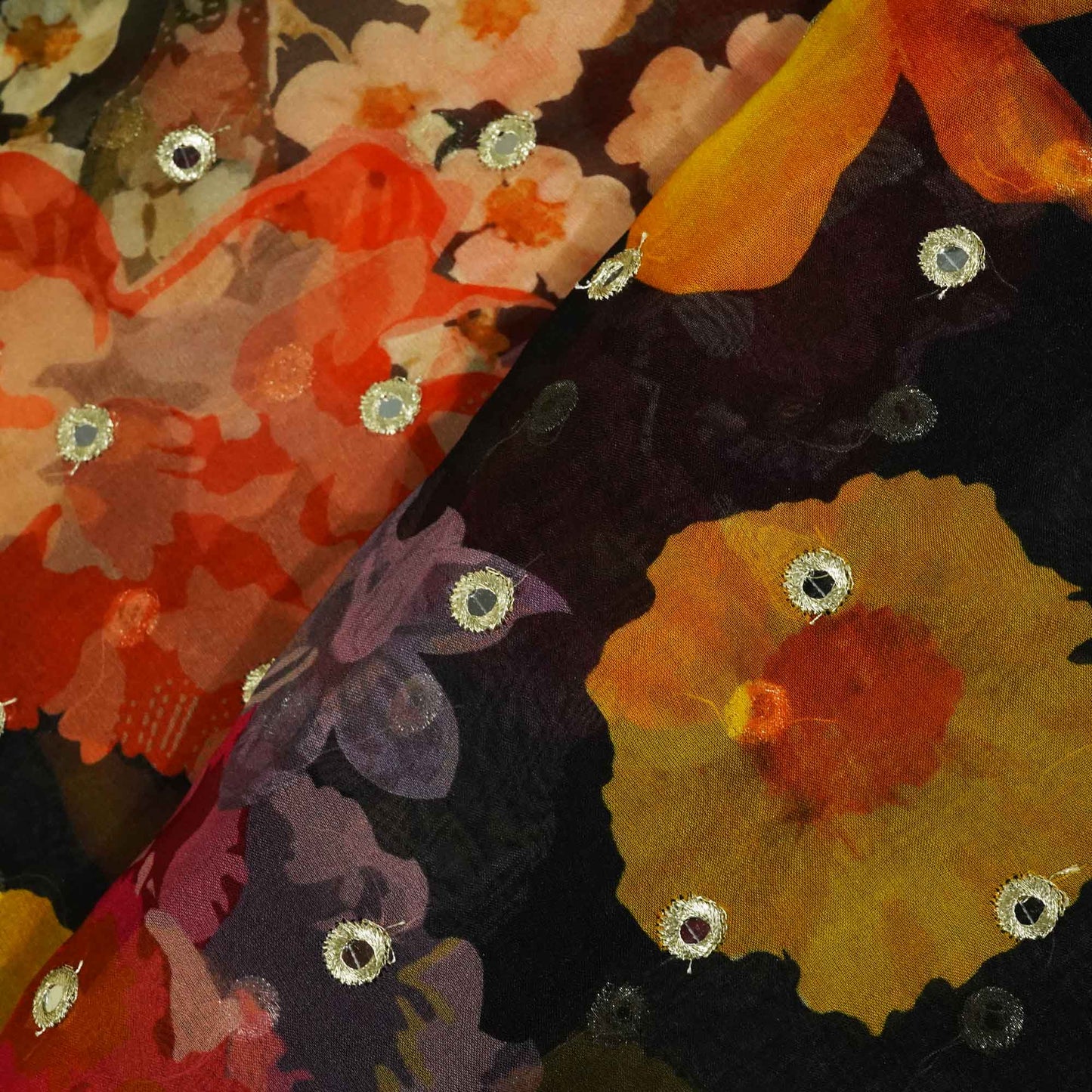 Black Floral Print Mirror Embroidery Organza Fabric 3001 MTF-21294