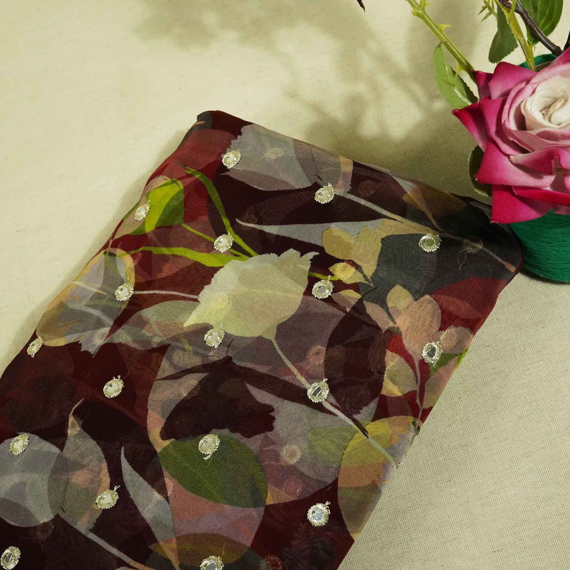 Maroon Floral Print Mirror Embroidery Organza Fabric 3001 MTF-21296