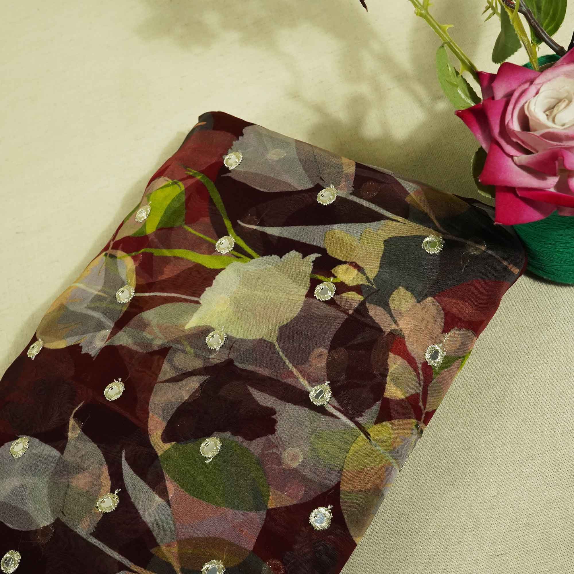 Maroon Floral Print Mirror Embroidery Organza Fabric 3001 MTF-21296