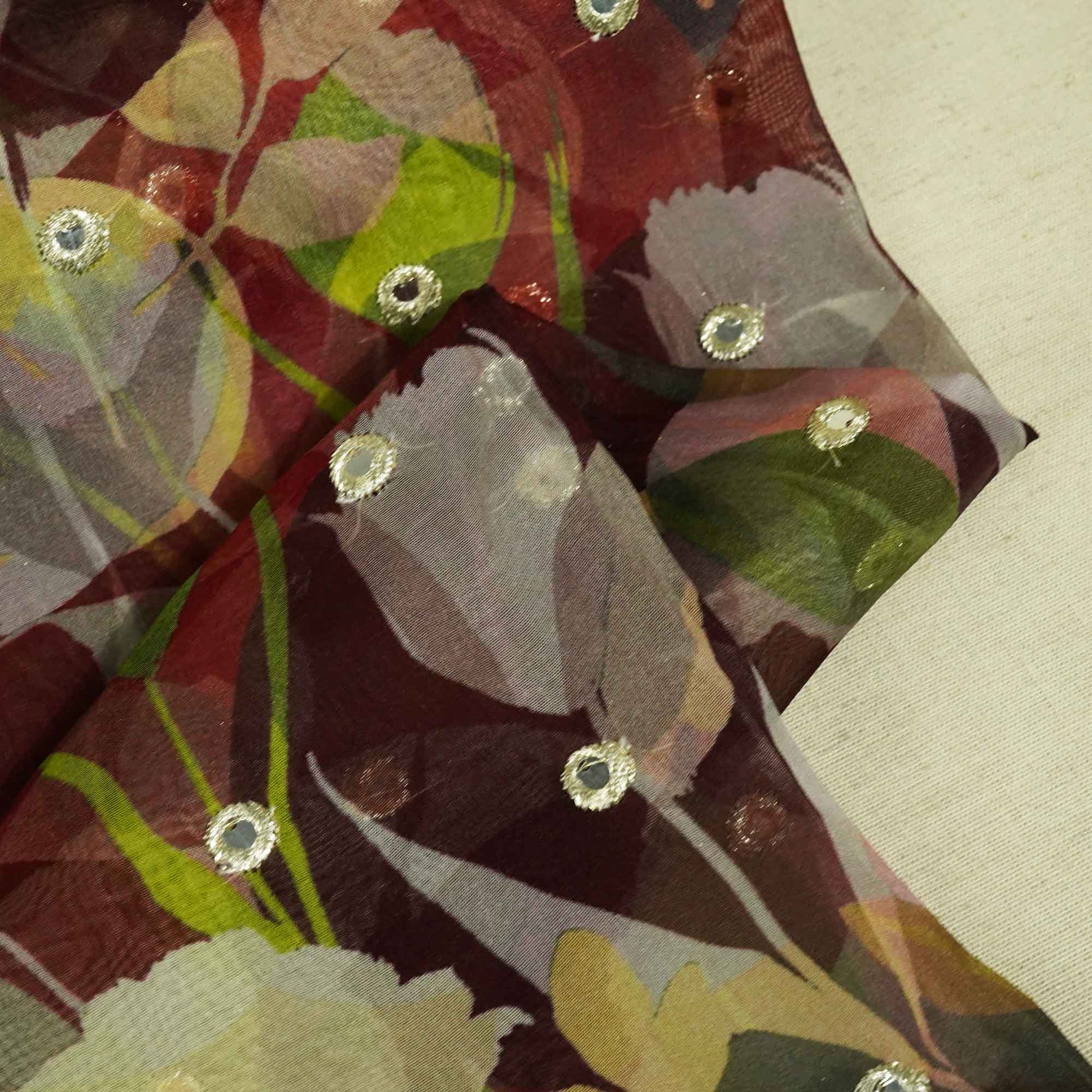 Maroon Floral Print Mirror Embroidery Organza Fabric 3001 MTF-21296