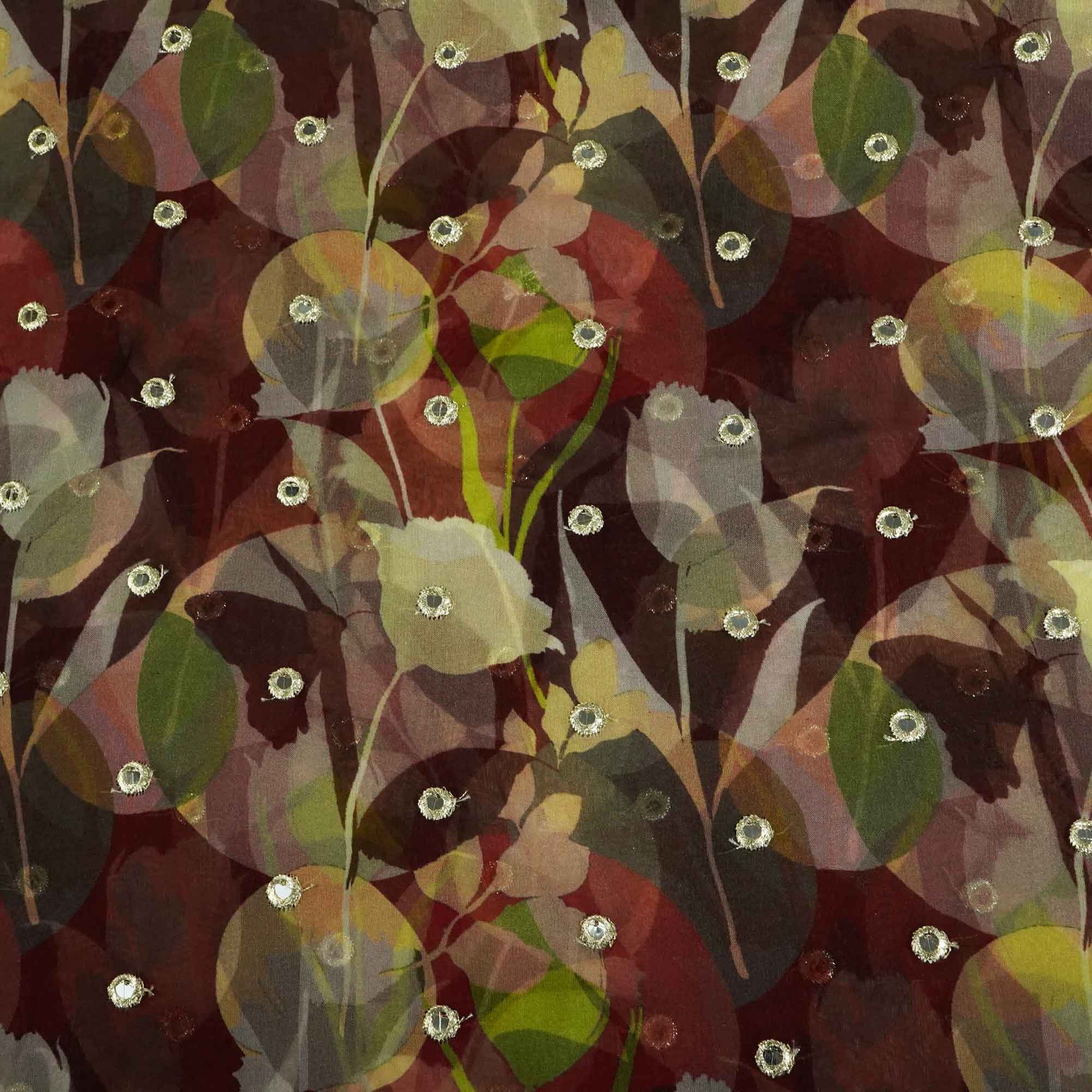 Maroon Floral Print Mirror Embroidery Organza Fabric 3001 MTF-21296