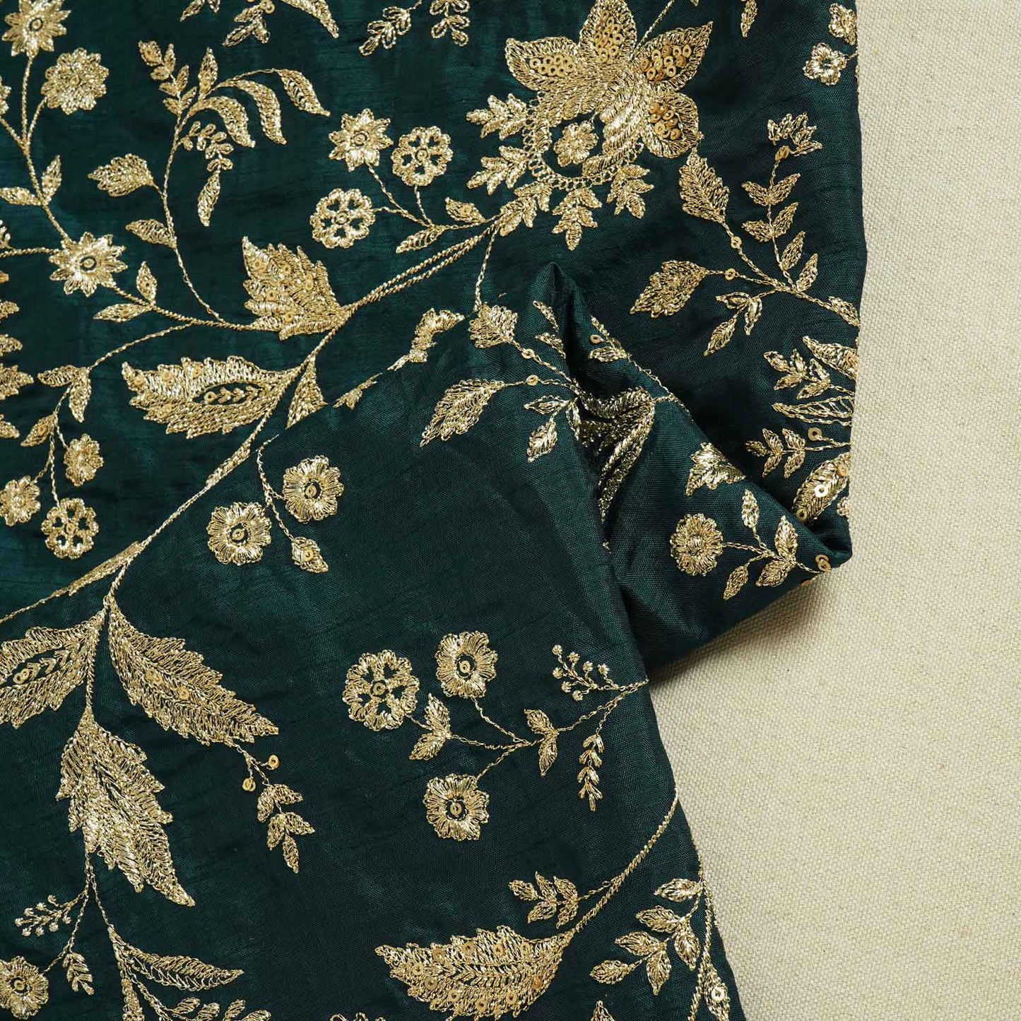 Dark Green Sabyasachi Zari Embroidery Raw Silk Fabric DR-28213
