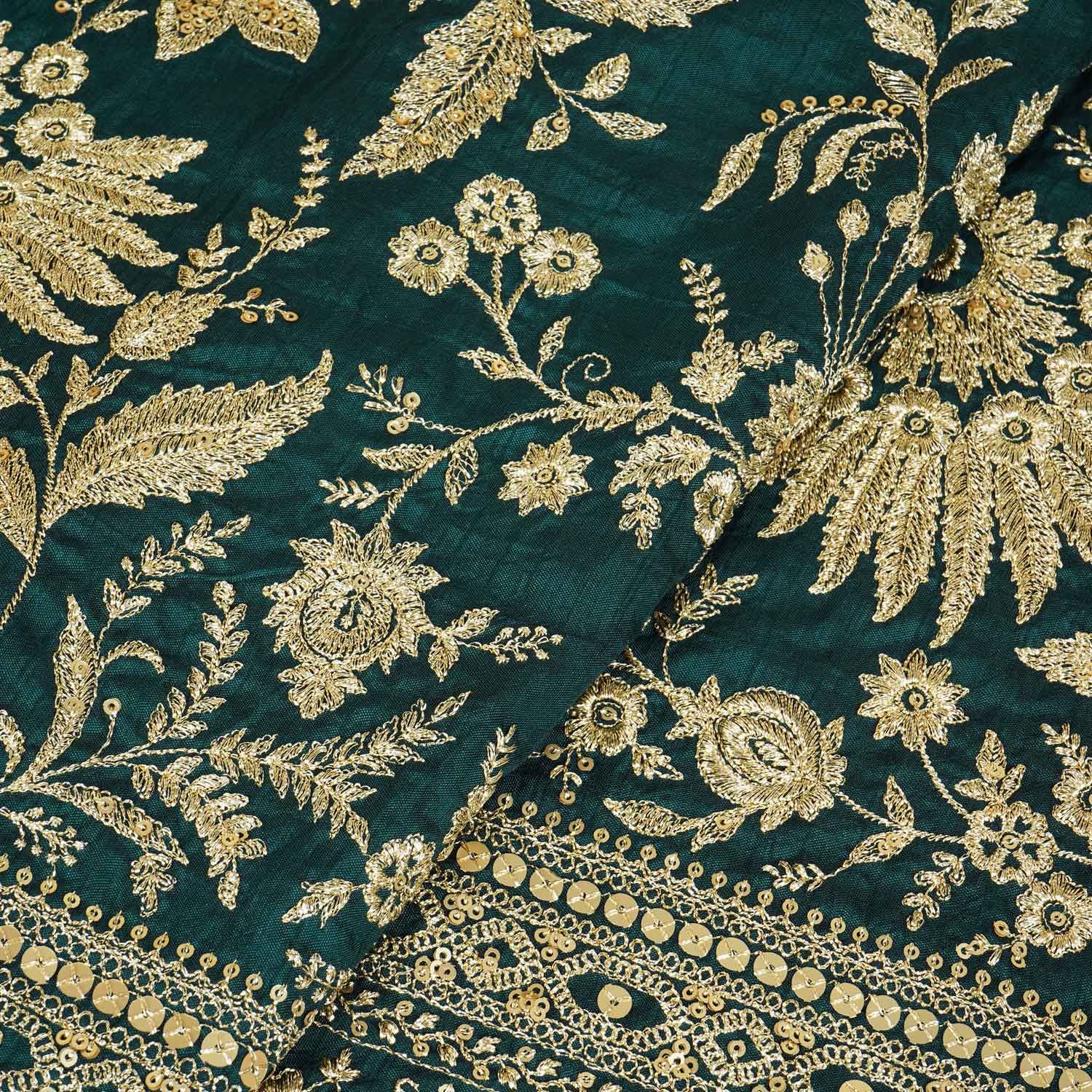 Dark Green Sabyasachi Zari Embroidery Raw Silk Fabric DR-28213 - TradeUNO