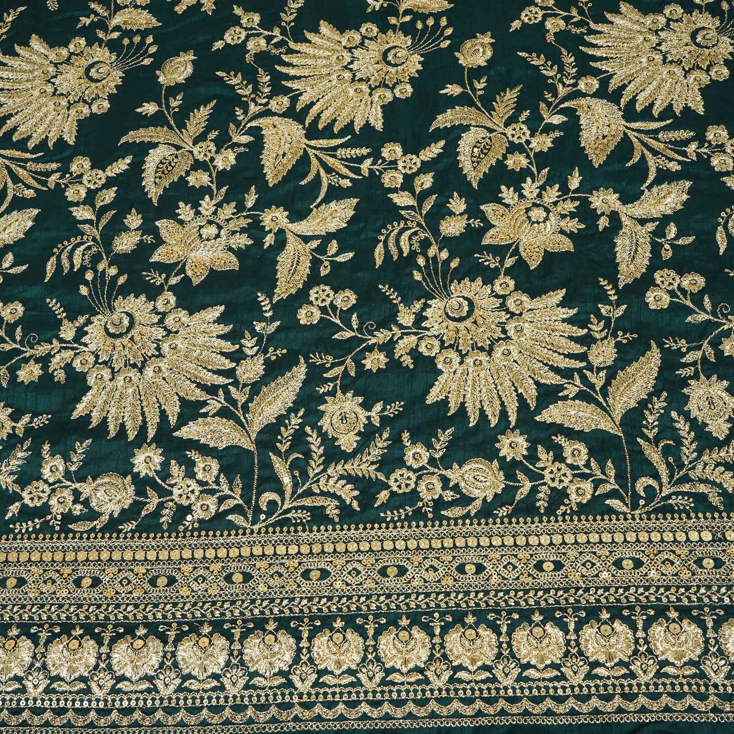 Dark Green Sabyasachi Zari Embroidery Raw Silk Fabric DR-28213 - TradeUNO