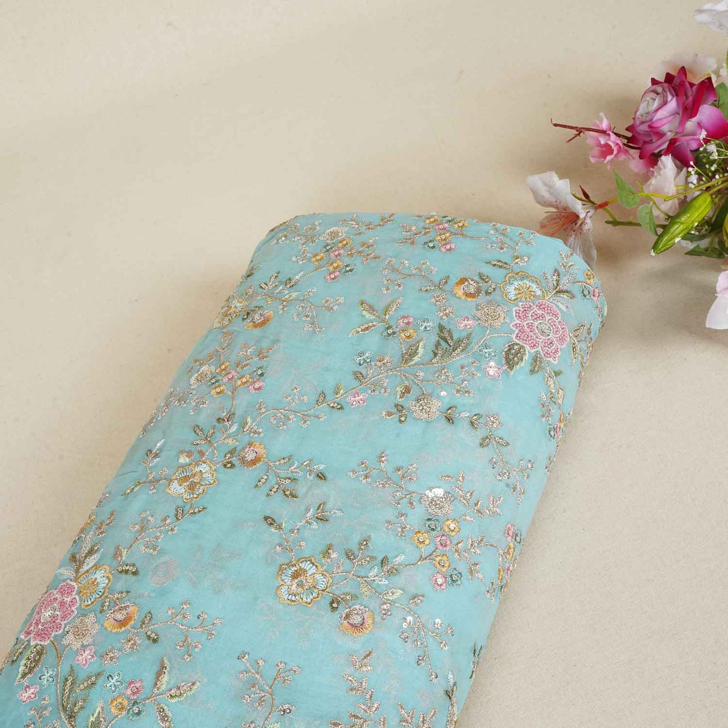 Blue French knot Thread Embroidery Georgette Fabric RA-28214