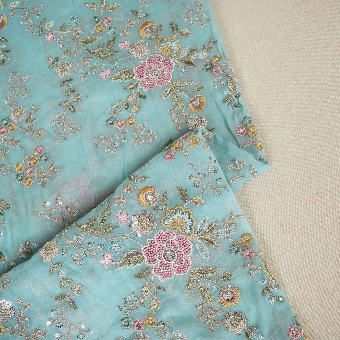 Blue French knot Thread Embroidery Georgette Fabric RA-28214