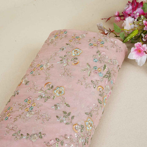 Pink French knot Thread Embroidery Georgette Fabric RA-28215