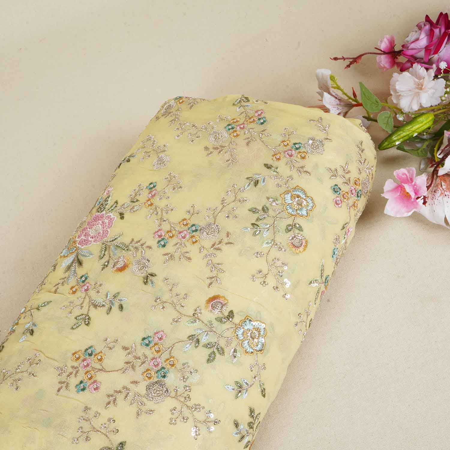 Yellow French knot Thread Embroidery Georgette Fabric RA-28216 - TradeUNO