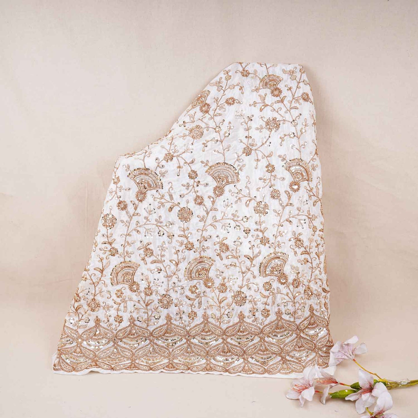 White Floral Zari Embroidery Dyeable Crepe Fabric AC-29216