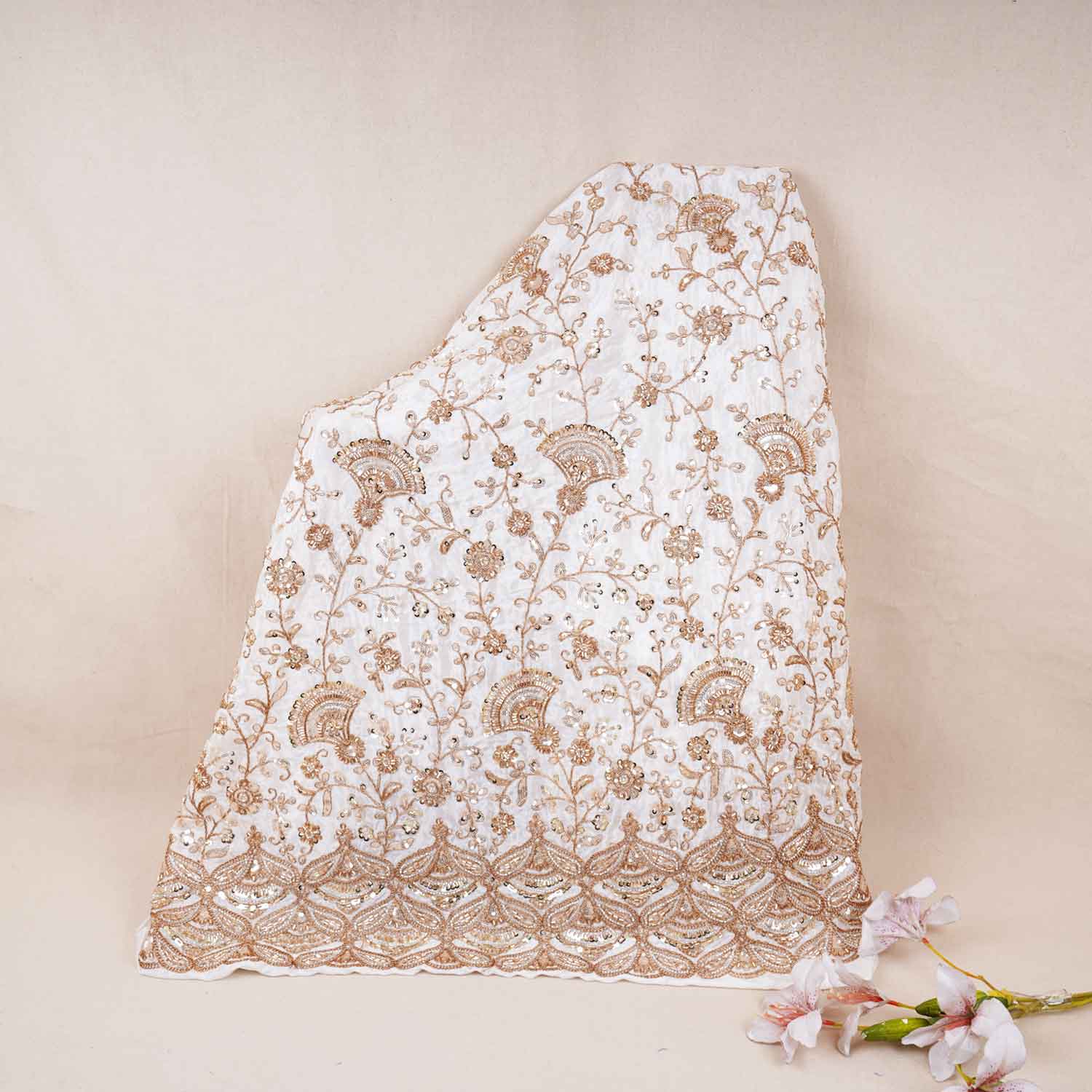 White Floral Zari Embroidery Dyeable Crepe Fabric AC-29216 - TradeUNO