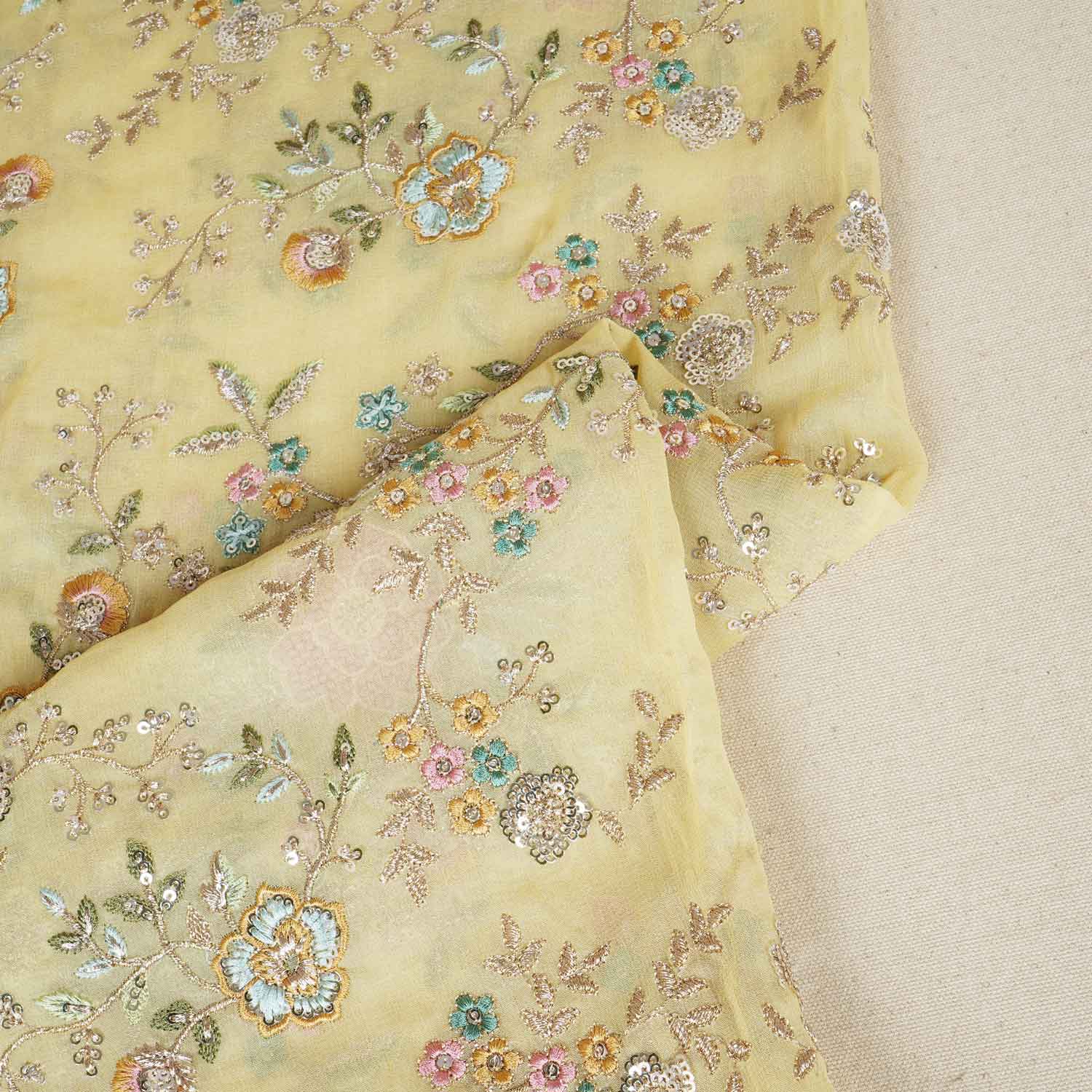 Yellow French knot Thread Embroidery Georgette Fabric RA-28216 - TradeUNO