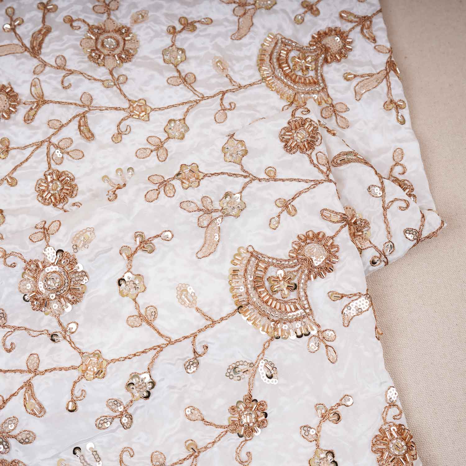 White Floral Zari Embroidery Dyeable Crepe Fabric AC-29216 - TradeUNO