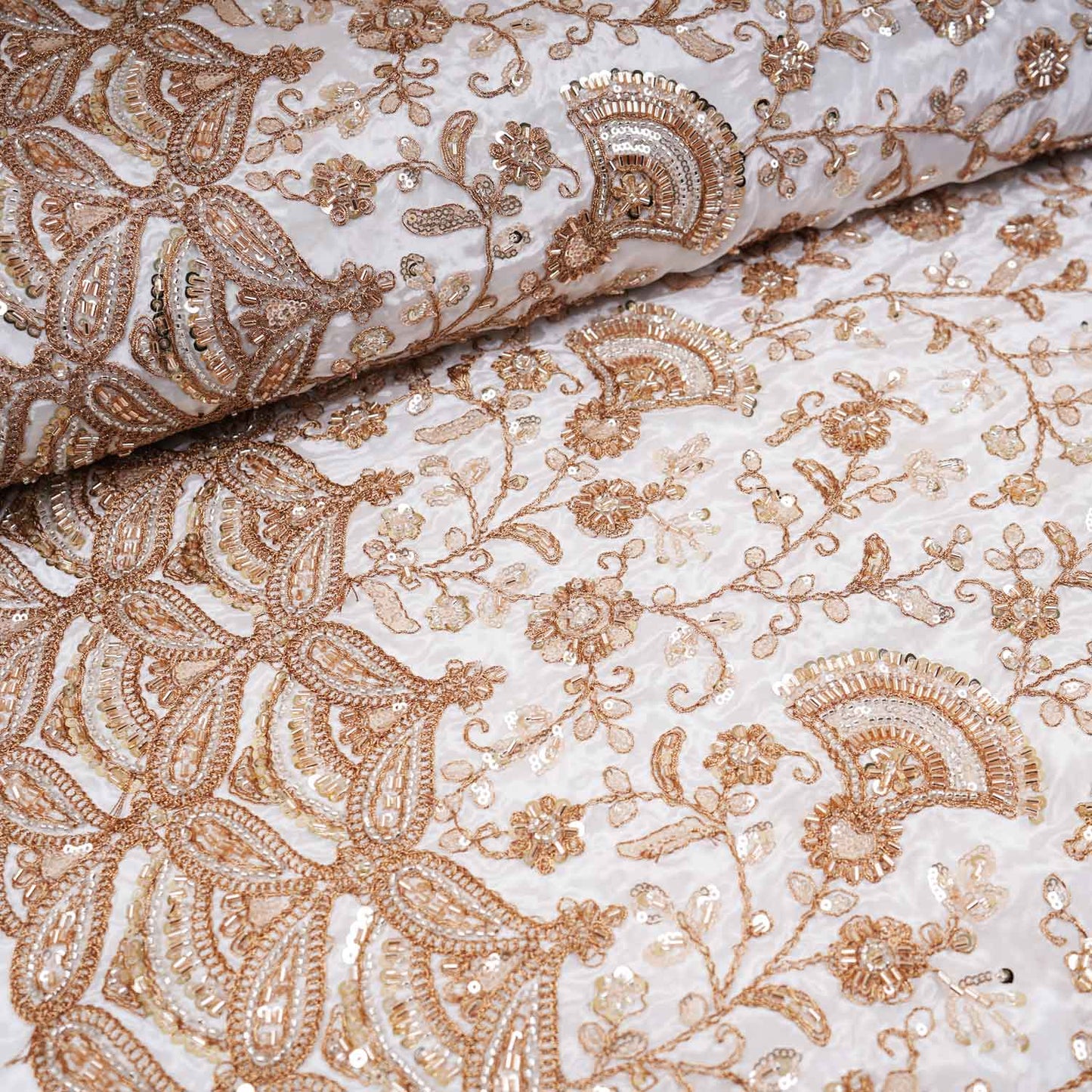 White Floral Zari Embroidery Dyeable Crepe Fabric AC-29216