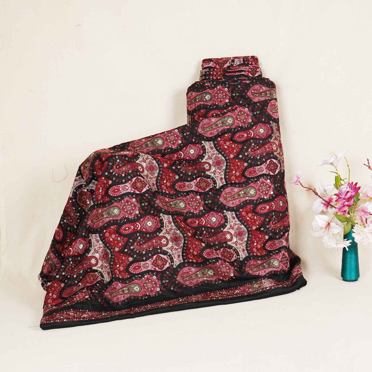 Black Kashmiri Embroidery Raw Silk Fabric DRAJ-28217