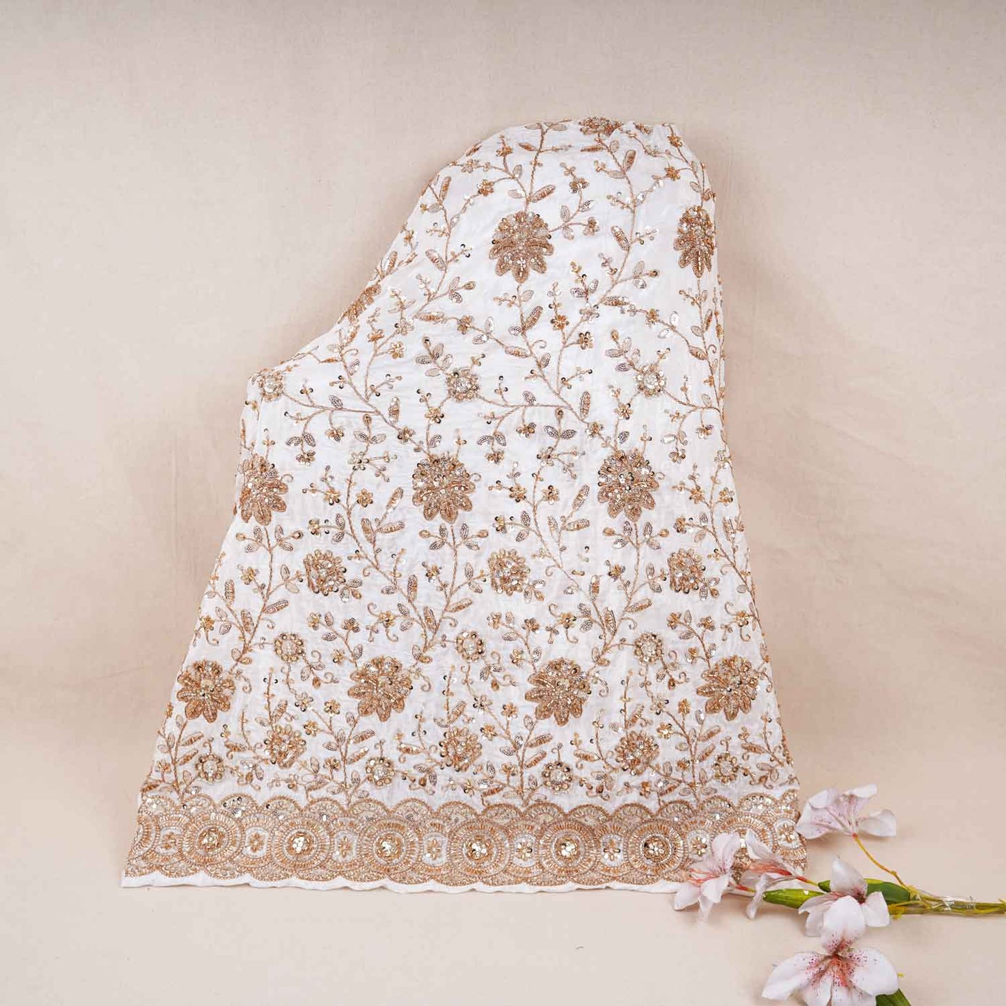 White Floral Zari Embroidery Dyeable Crepe Fabric AC-29217