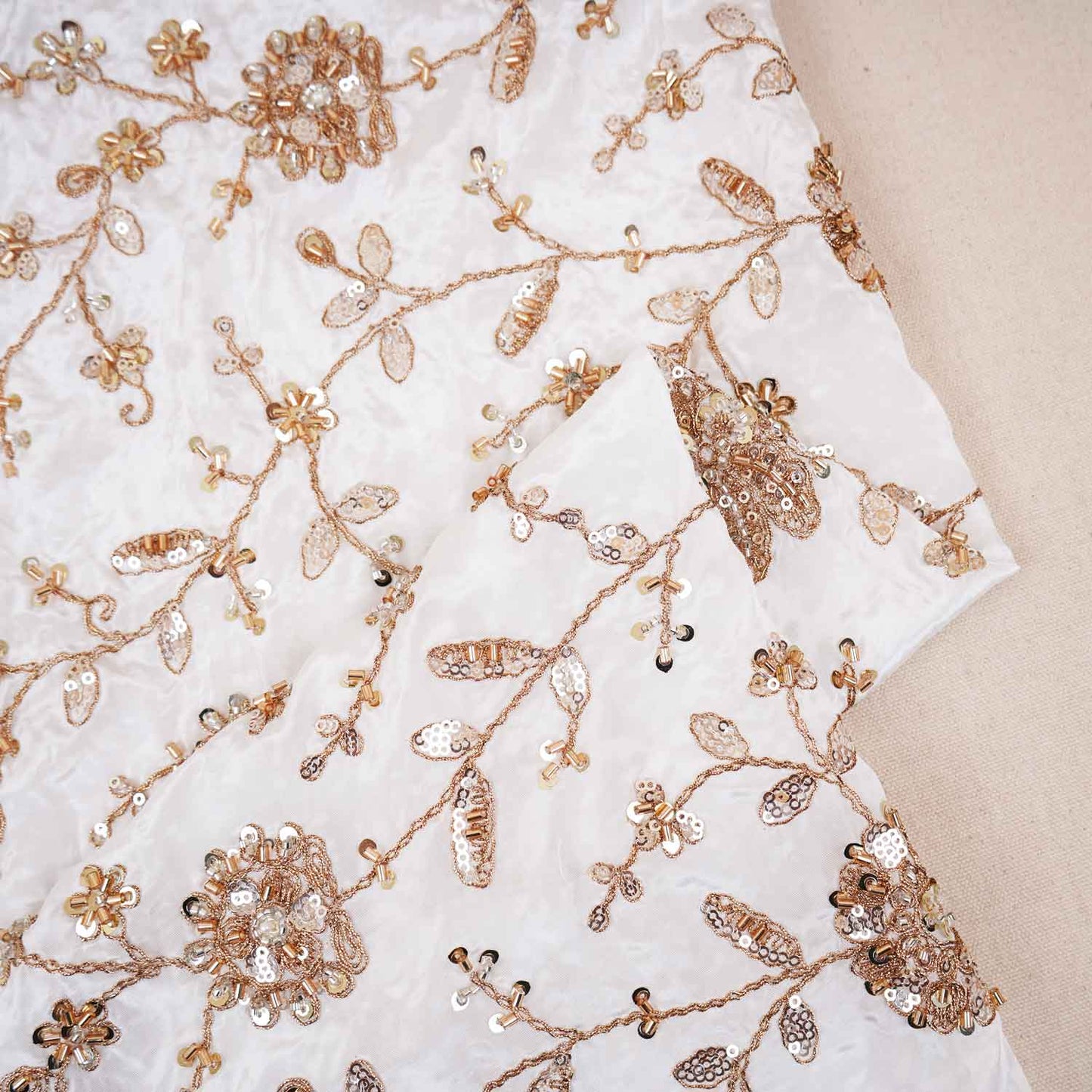 White Floral Zari Embroidery Dyeable Crepe Fabric AC-29217