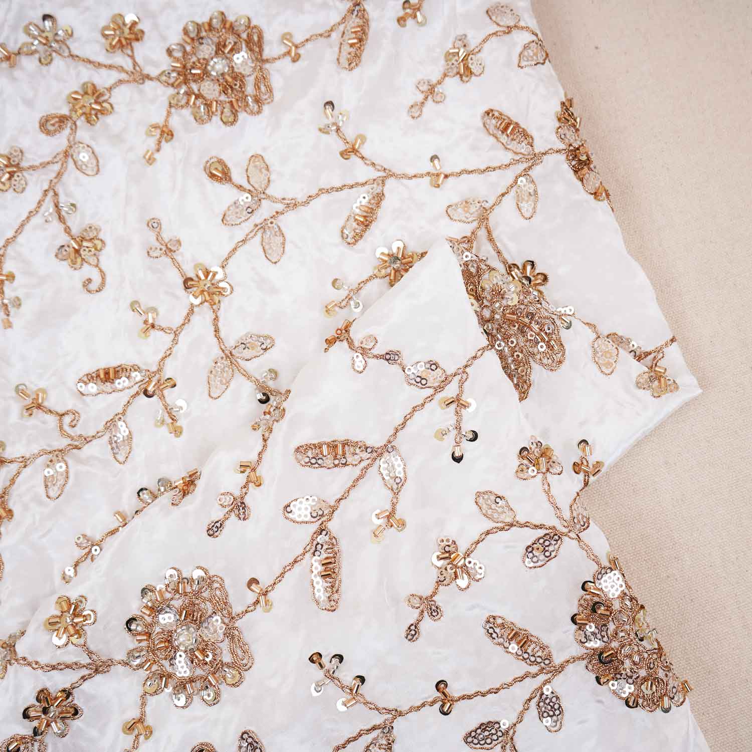 White Floral Zari Embroidery Dyeable Crepe Fabric AC-29217 - TradeUNO