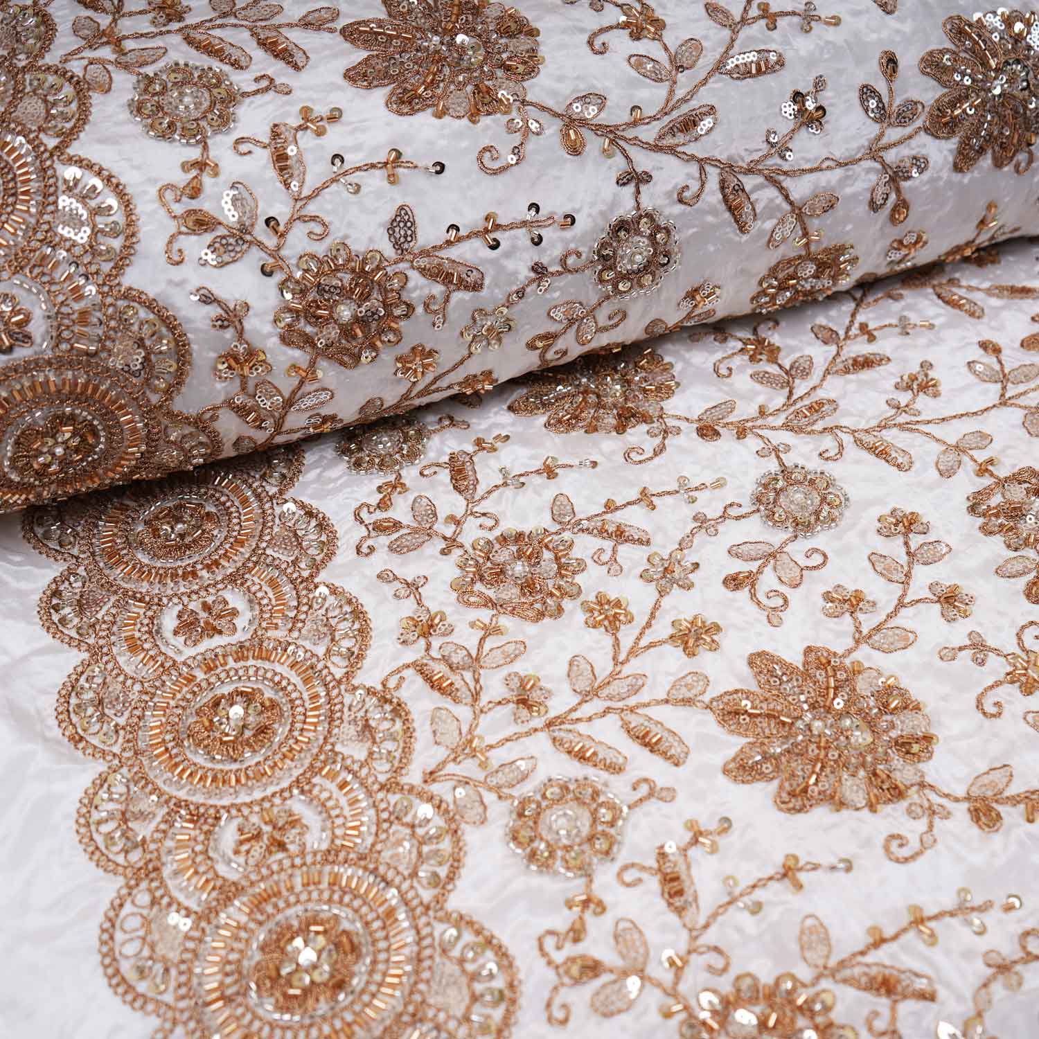 White Floral Zari Embroidery Dyeable Crepe Fabric AC-29217 - TradeUNO