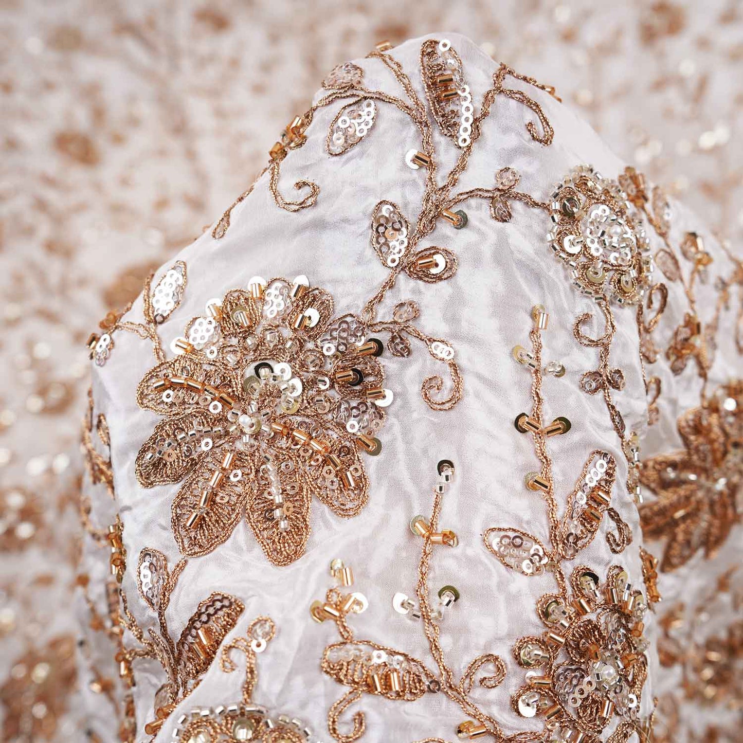 White Floral Zari Embroidery Dyeable Crepe Fabric AC-29217
