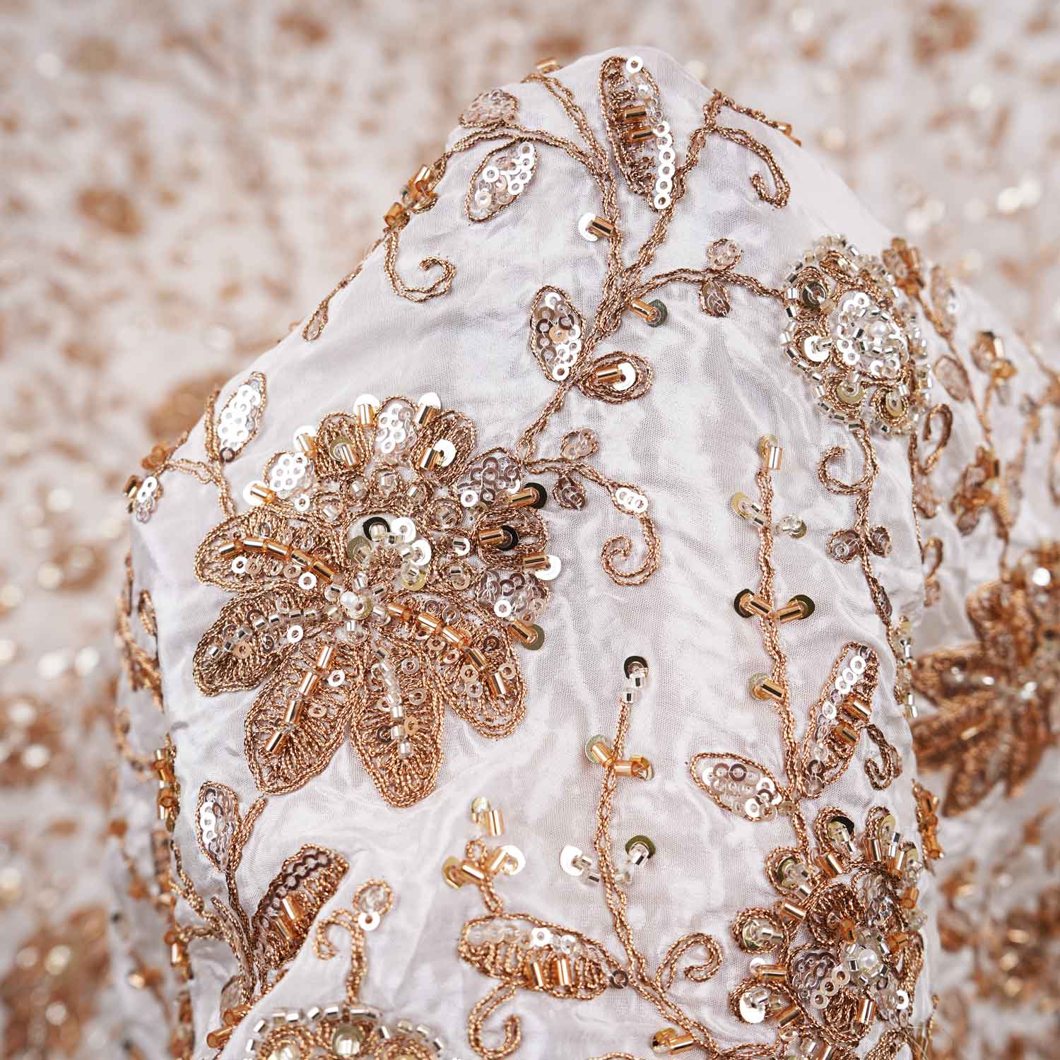 White Floral Zari Embroidery Dyeable Crepe Fabric AC-29217 - TradeUNO