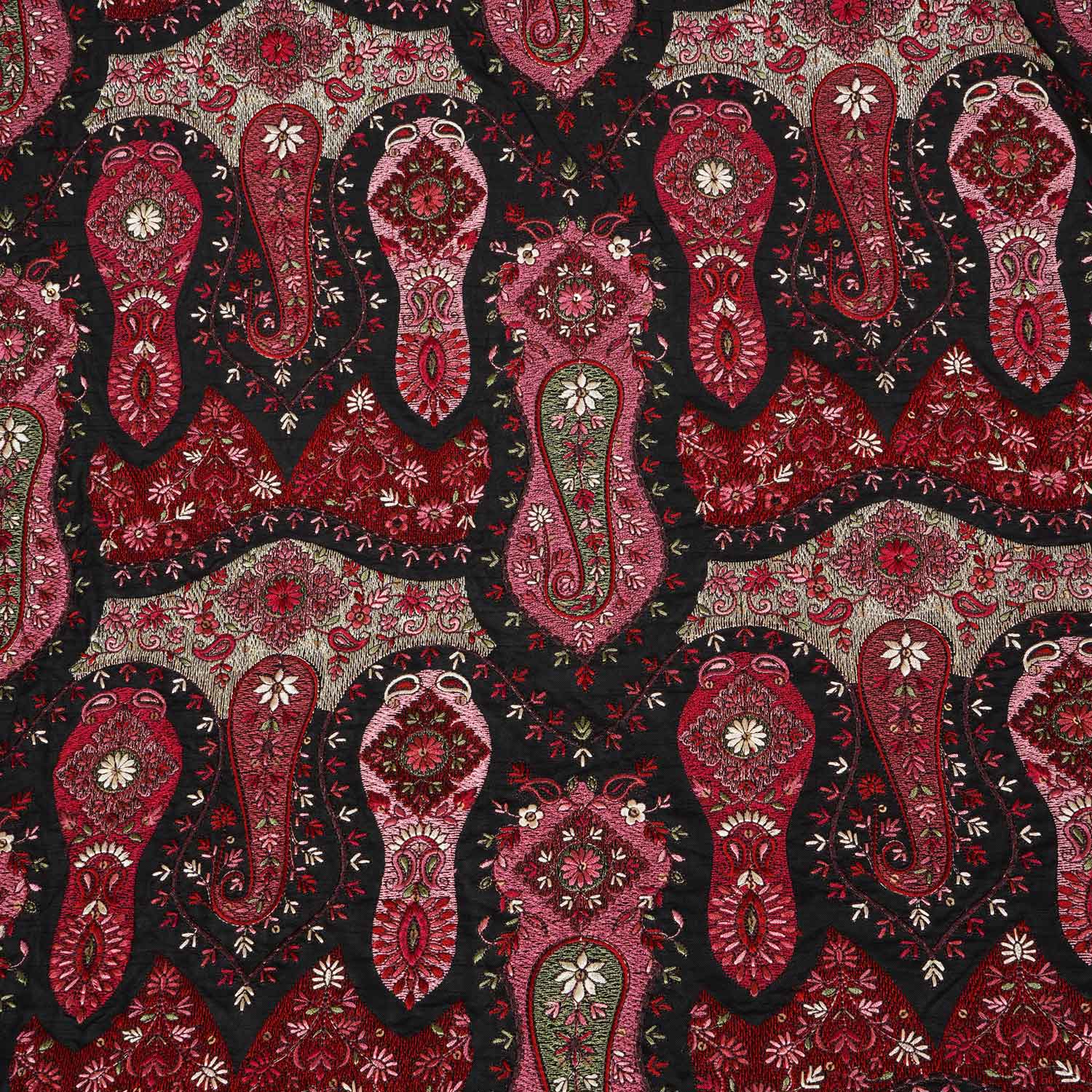 Black Kashmiri Embroidery Raw Silk Fabric DR-28217 - TradeUNO