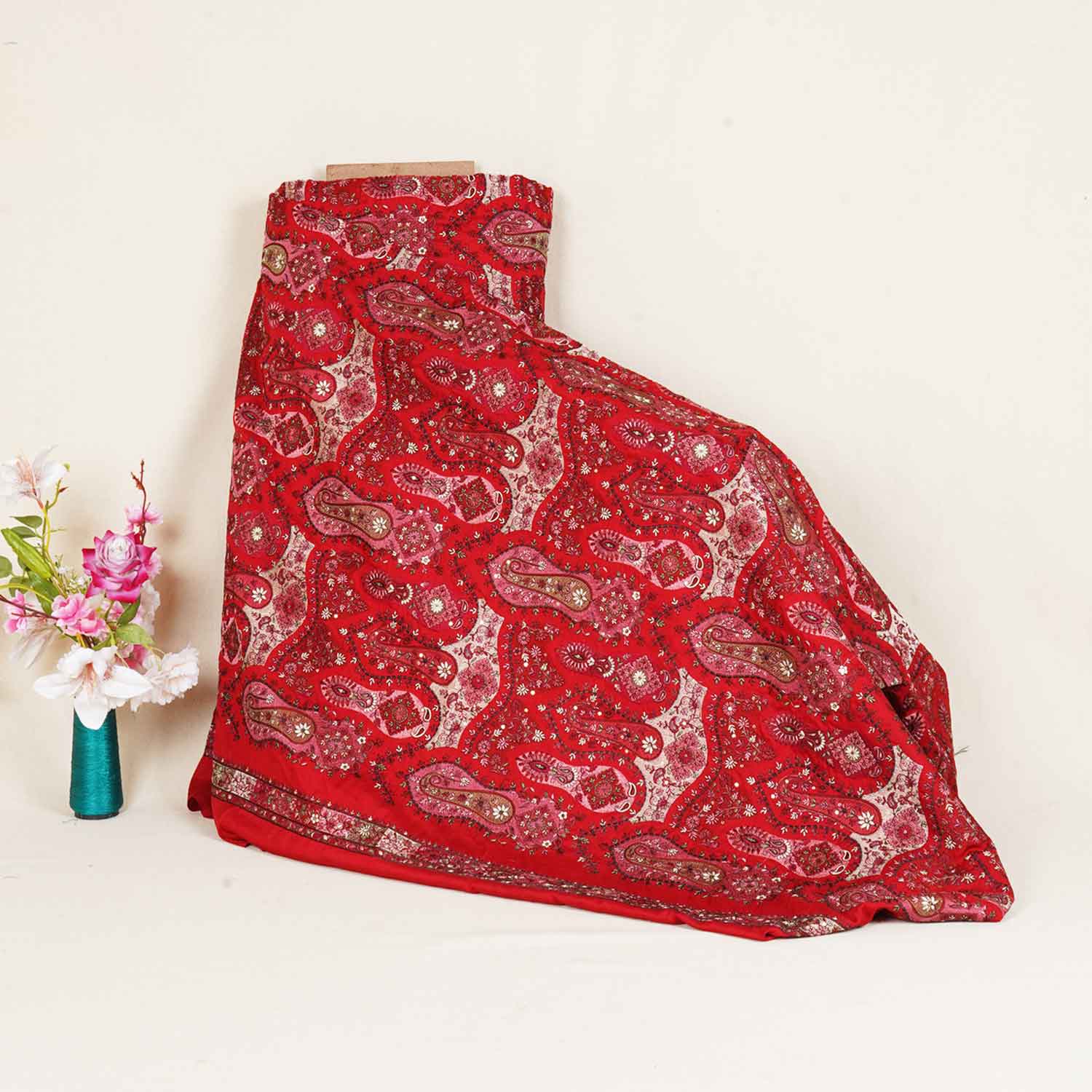 Red Kashmiri Embroidery Raw Silk Fabric DR-28218 - TradeUNO