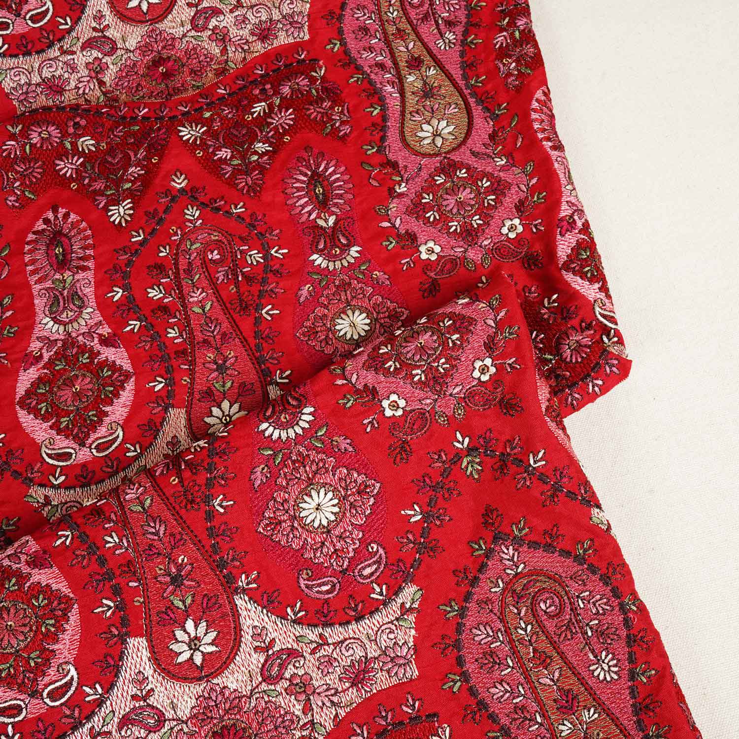 Red Kashmiri Embroidery Raw Silk Fabric DR-28218 - TradeUNO