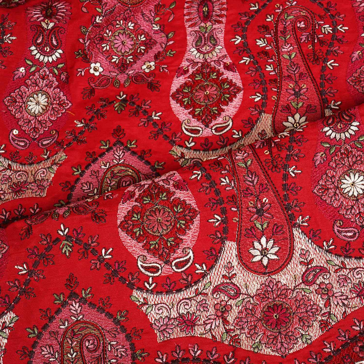 Red Kashmiri Embroidery Raw Silk Fabric DR-28218 - TradeUNO