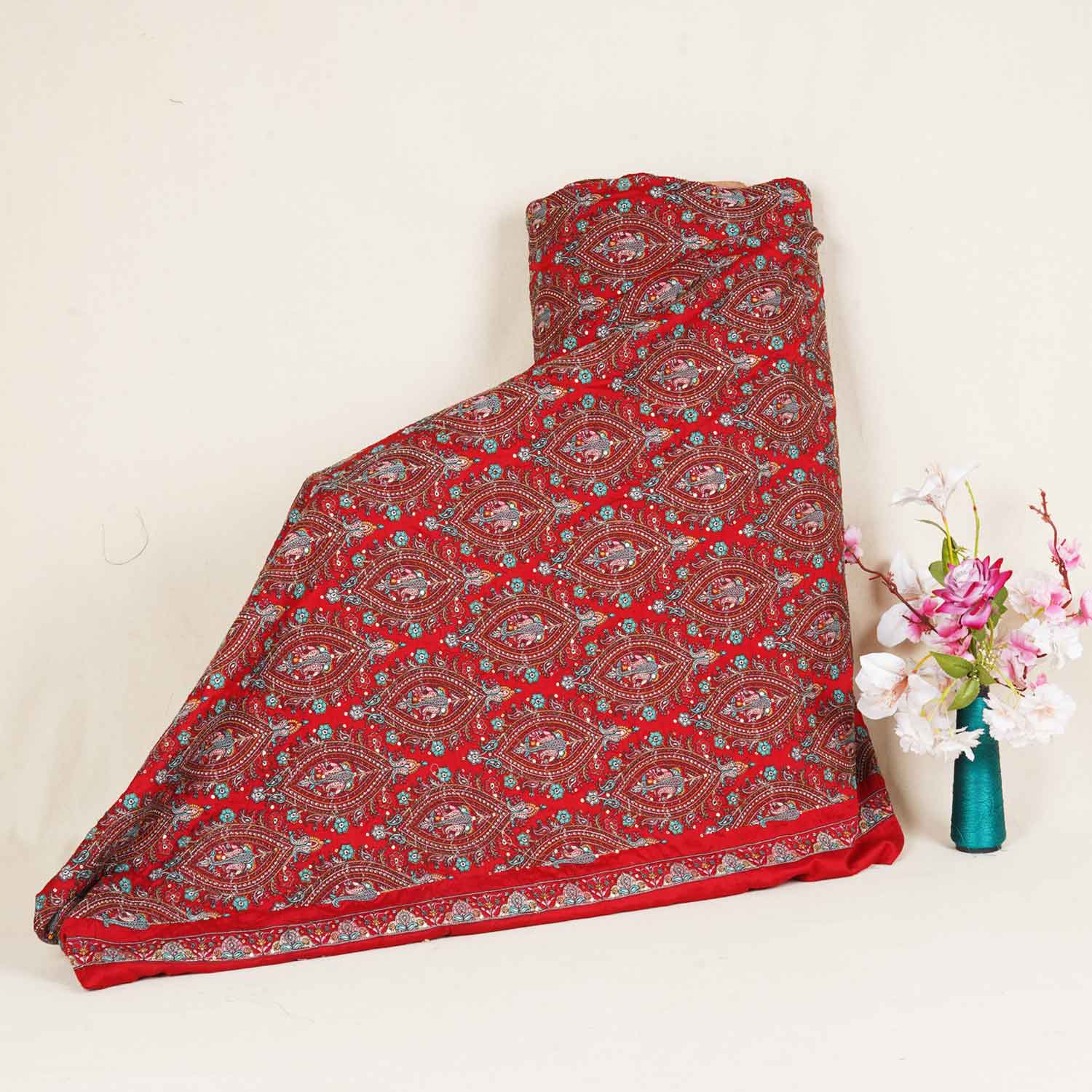 Red Kashmiri Embroidery Raw Silk Fabric DR-28219 - TradeUNO