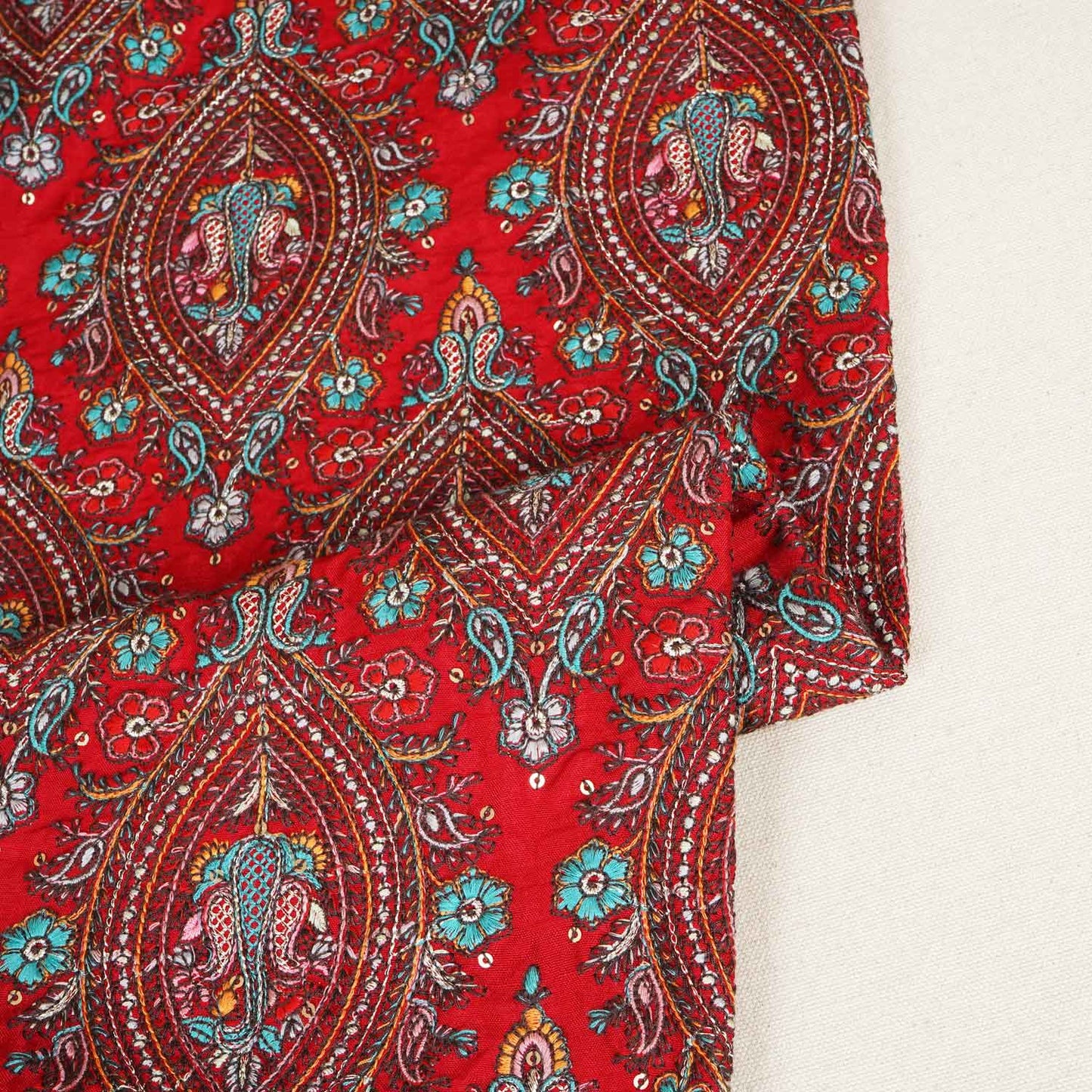 Red Kashmiri Embroidery Raw Silk Fabric DRAJ-28219