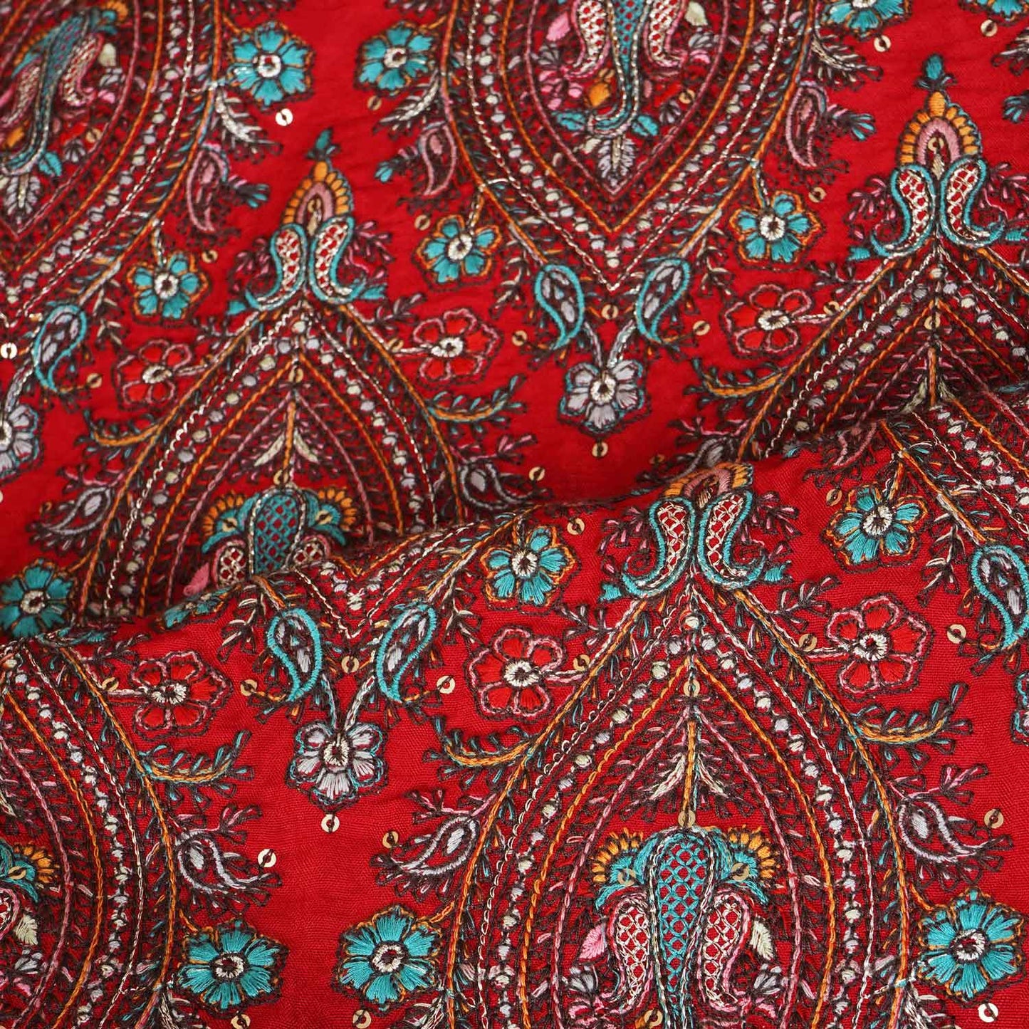 Red Kashmiri Embroidery Raw Silk Fabric DRAJ-28219
