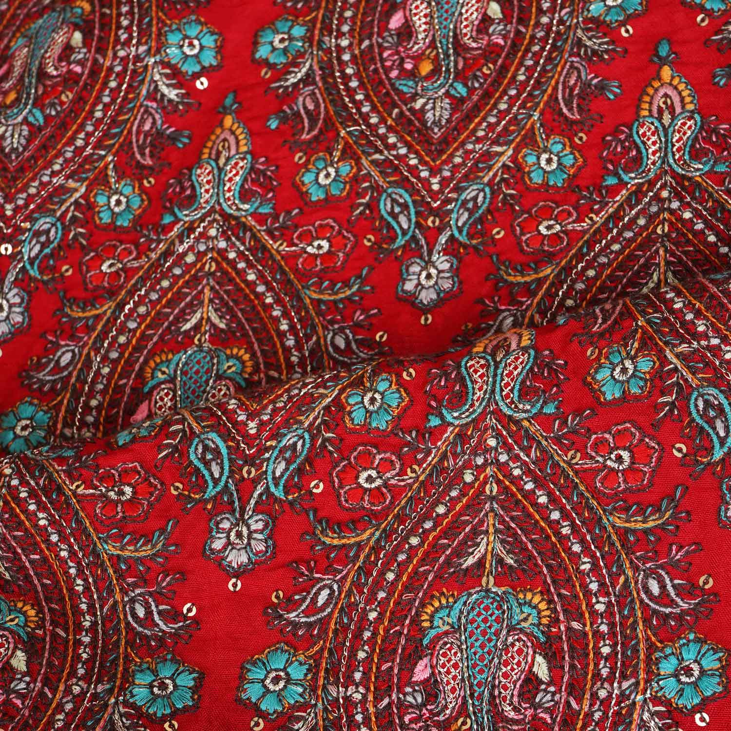 Red Kashmiri Embroidery Raw Silk Fabric DR-28219 - TradeUNO